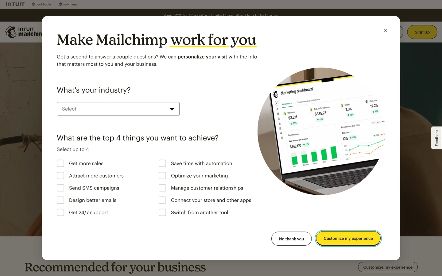 The mailchimp.com homepage, 4 Oct 2026, behind a pop-up titled Make Mailchimp work for you, asking What's your industry? and What are the top 4 things you want to achieve?, with choices like Get more sales, Design better emails and Save time with automation, and No thank you and Customize my experience buttons.