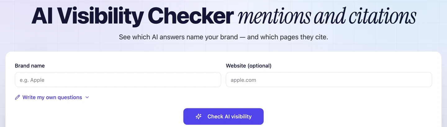 seotools.pro AI Visibility Checker, mentions and citations: a form with a Brand name field (e.g. Apple), a Website (optional) field (apple.com), a Write my own questions link and a Check AI visibility button, under the line See which AI answers name your brand and which pages they cite.