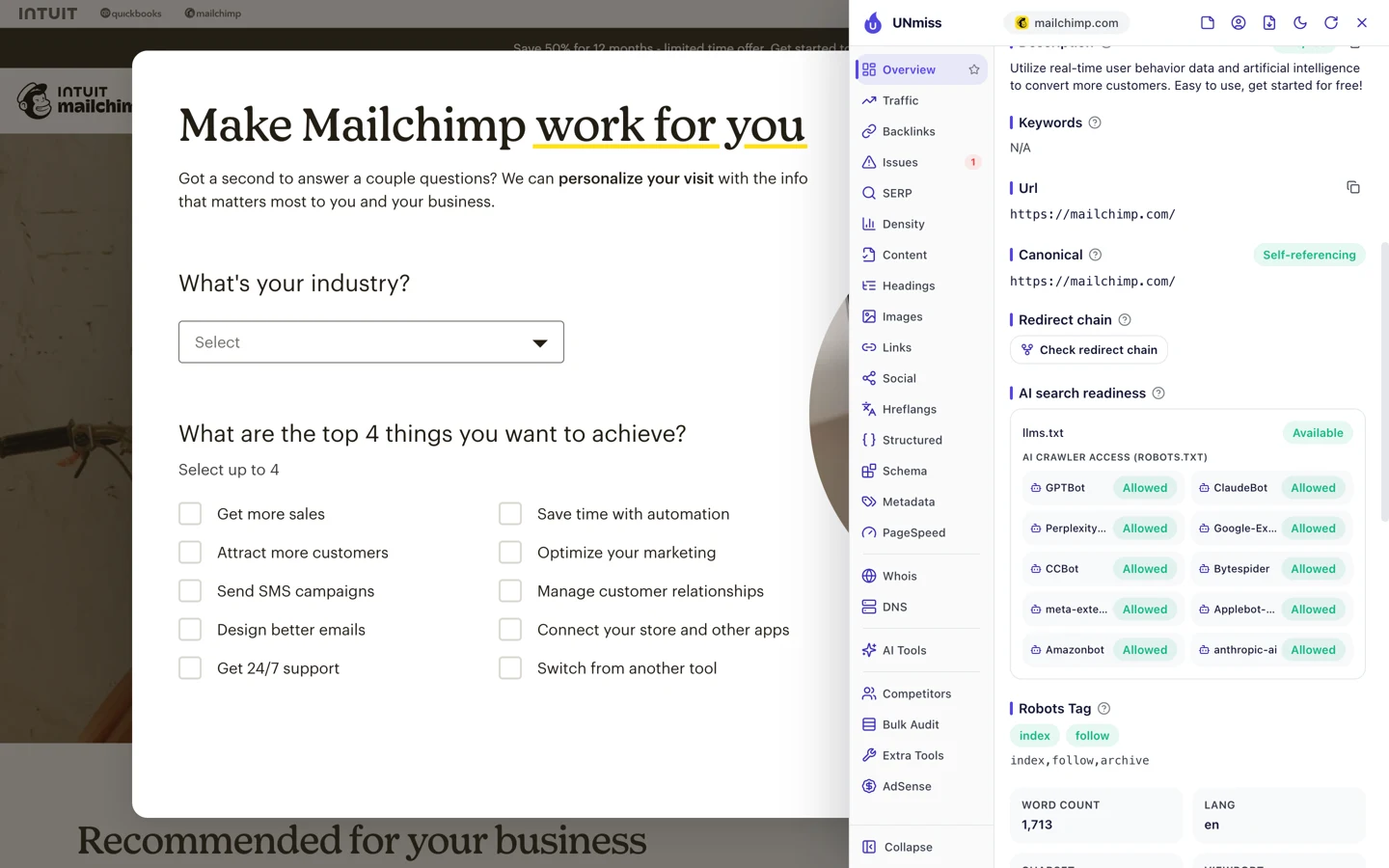 The seotools.pro browser extension on mailchimp.com, AI search readiness panel: llms.txt Available, and AI crawler access from robots.txt with GPTBot, ClaudeBot, PerplexityBot, Google-Extended, CCBot, Bytespider, meta-externalagent, Applebot-Extended, Amazonbot and anthropic-ai all Allowed, plus a robots tag of index, follow, archive and a word count of 1,713.