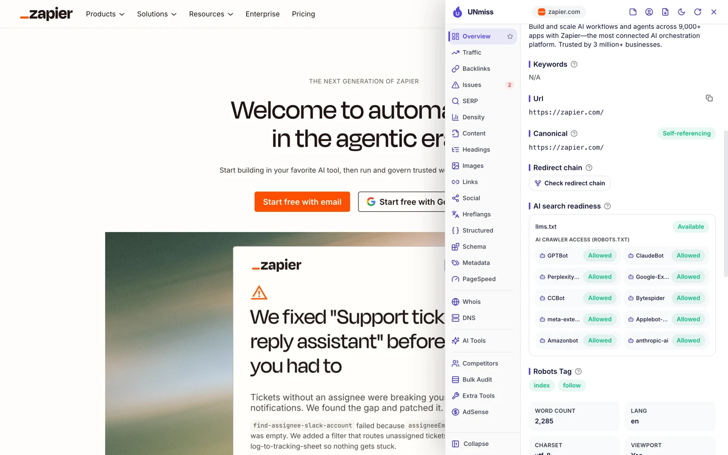 The seotools.pro browser extension on zapier.com, AI search readiness panel: llms.txt Available, and AI crawler access from robots.txt with GPTBot, ClaudeBot, PerplexityBot, Google-Extended, CCBot, Bytespider, meta-externalagent, Applebot-Extended, Amazonbot and anthropic-ai all Allowed, plus a self-referencing canonical, a robots tag of index, follow and a word count of 2,285.