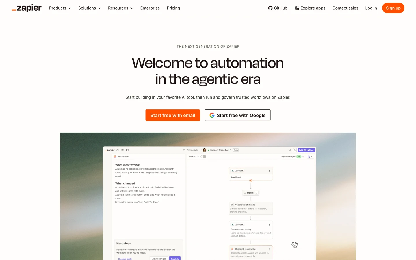 The zapier.com homepage, 4 Oct 2026: The next generation of Zapier, the headline Welcome to automation in the agentic era, the line Start building in your favorite AI tool, then run and govern trusted workflows on Zapier, Start free with email and Start free with Google buttons, and a screenshot of a workflow editor.