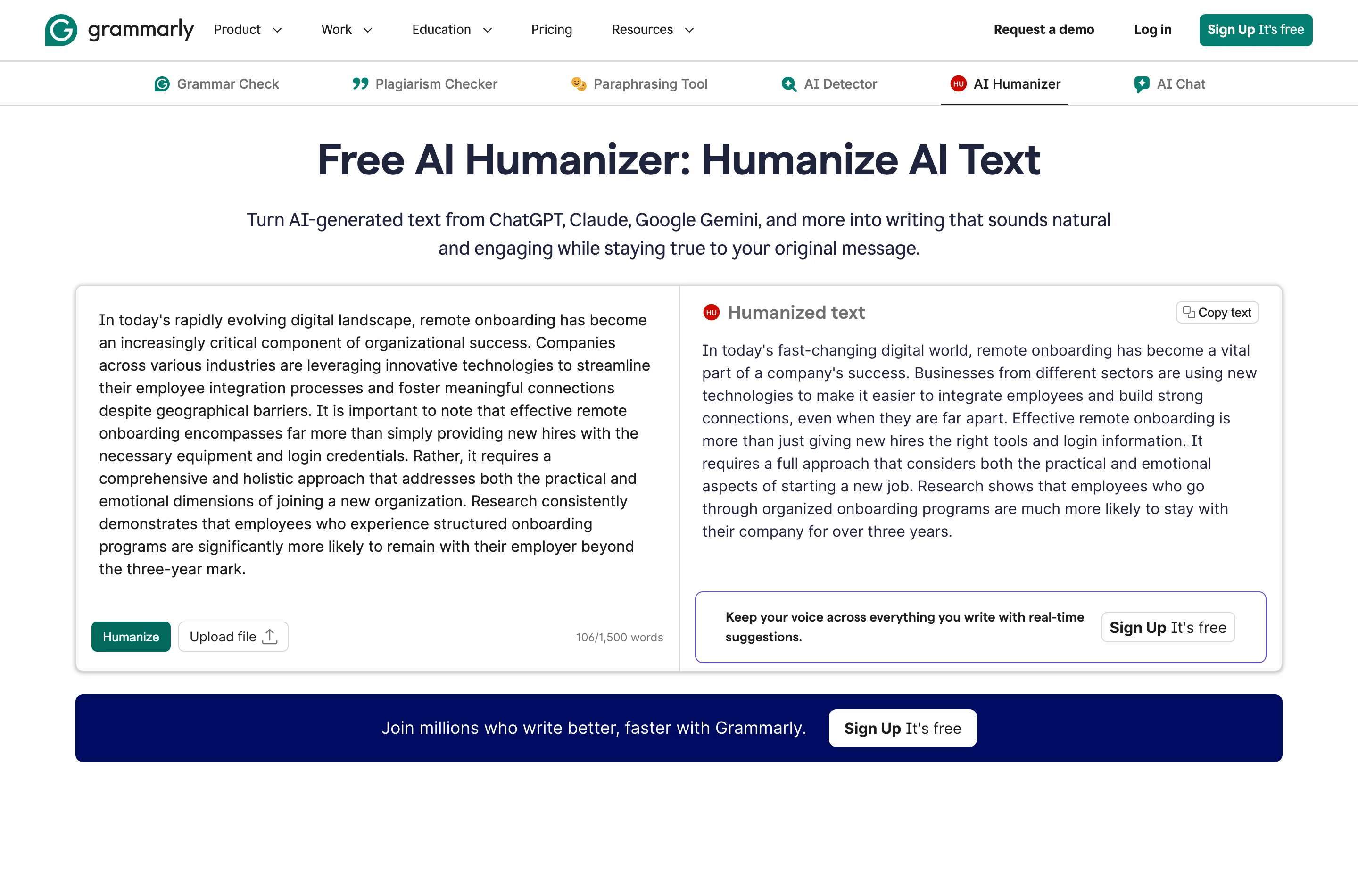 Бесплатный AI Humanizer от Grammarly с тестовым отрывком на 106 слов слева и переписанной версией справа, со счётчиком 106 of 1,500 words и без требования входа.