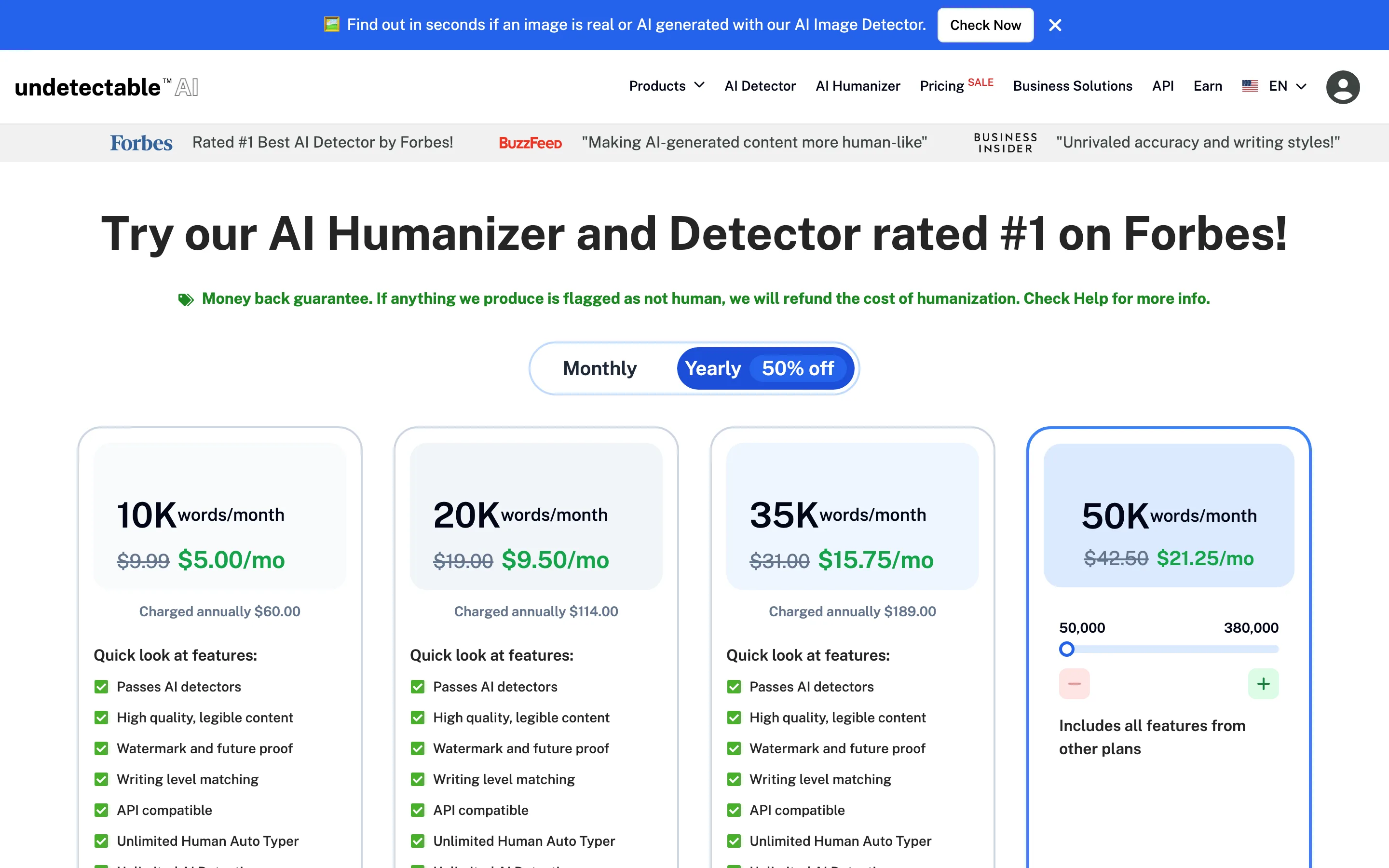 Страница тарифов Undetectable AI с тарифами от 10 000 слов в месяц за $9.99 помесячно или $5.00 в месяц при годовой оплате и до 50 000 слов в месяц.