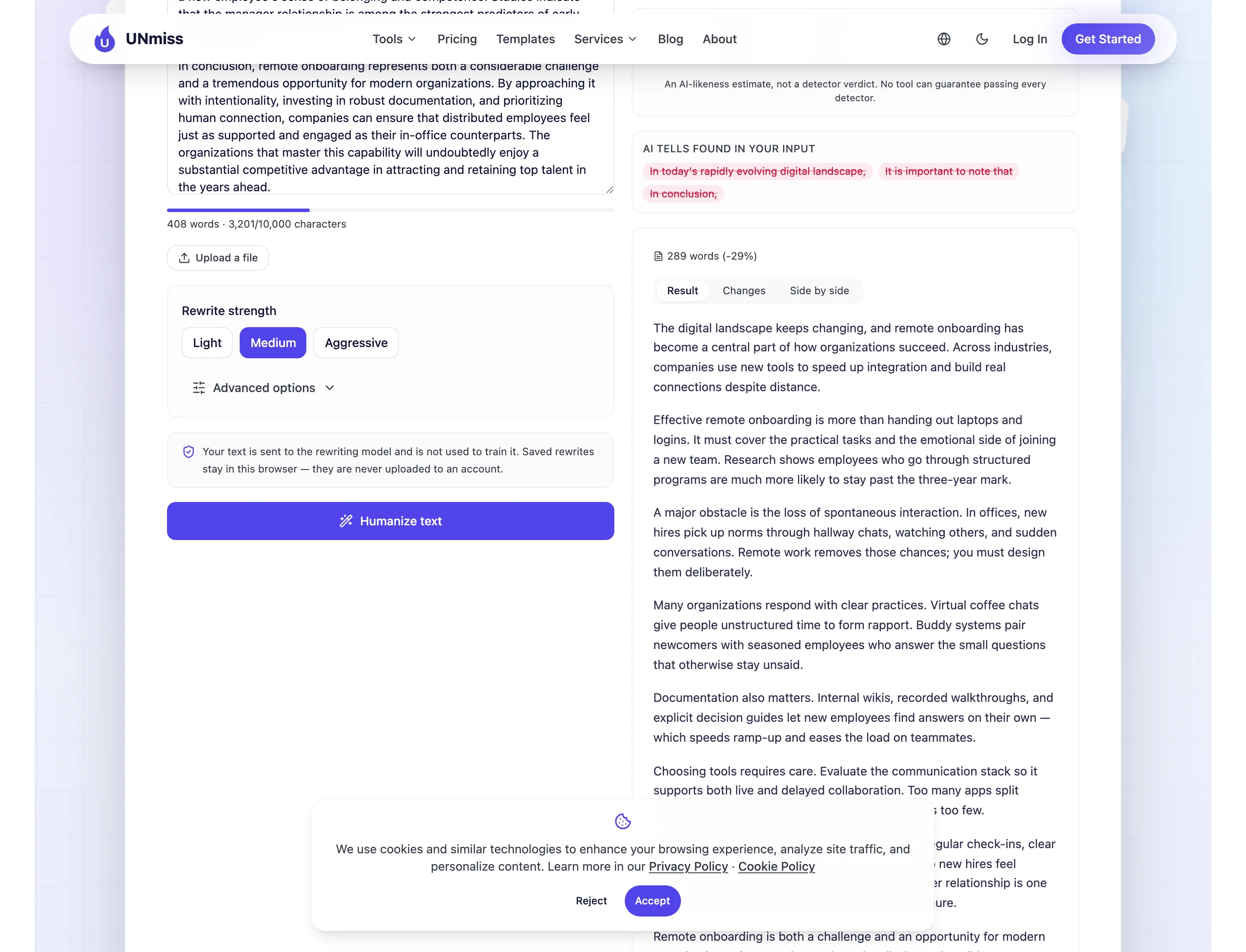 seotools.pro AI Humanizer с тестовым черновиком на 408 слов слева и переписанной версией справа, с вкладками Result, Changes и Side by side и счётчиком слов 289, минус 29 процентов.