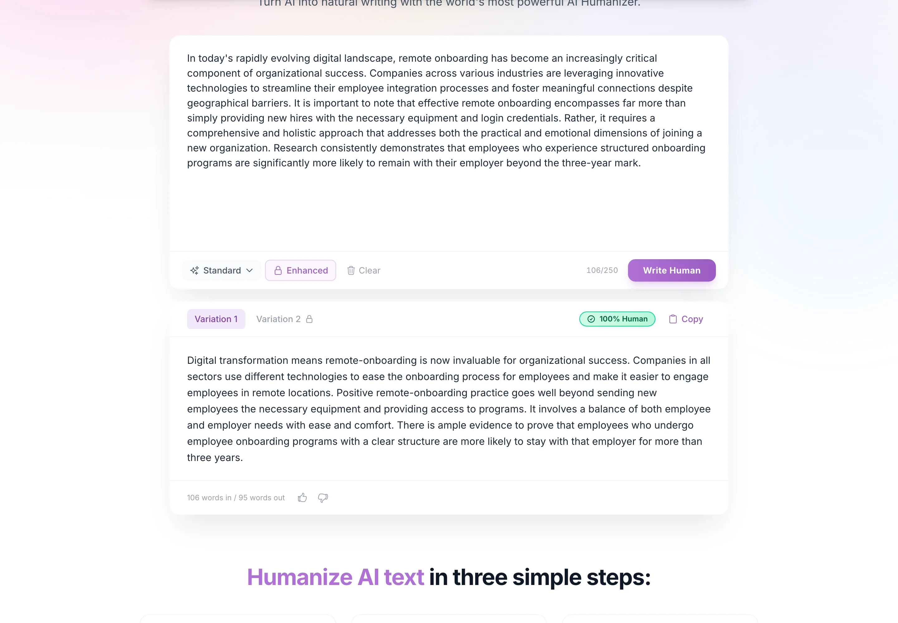 WriteHuman переписывает тестовый отрывок на 106 слов, показывая зелёный бейдж 100% Human, вариант 2 под замком, режим Enhanced под замком и счётчик 106 слов на входе, 95 на выходе.