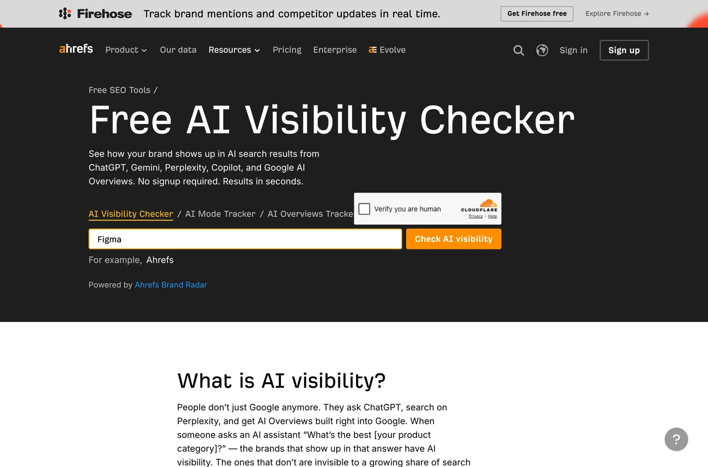 Ahrefs AI Visibility Checker із введеною в поле бренду Figma і чекбоксом Cloudflare Verify you are human, показаним поруч із кнопкою Check AI visibility.