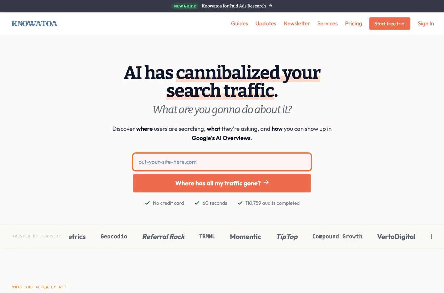Головна сторінка Knowatoa із заголовком Where has all my traffic gone і одним полем для домену, заповненим плейсхолдером put-your-site-here.com.