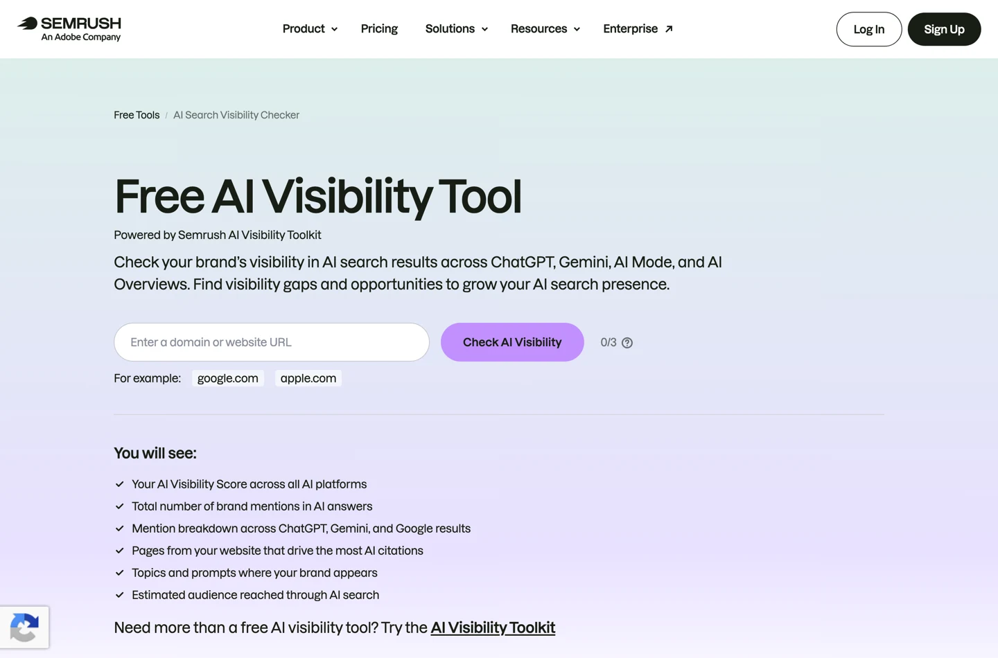 Сторінка Semrush Free AI Visibility Tool із полем Enter a domain or website URL, кнопкою Check AI Visibility, лічильником 0 з 3 і списком You will see, який обіцяє AI Visibility Score, згадки бренду, розбивку по платформах, процитовані сторінки, теми і оцінене охоплення аудиторії.