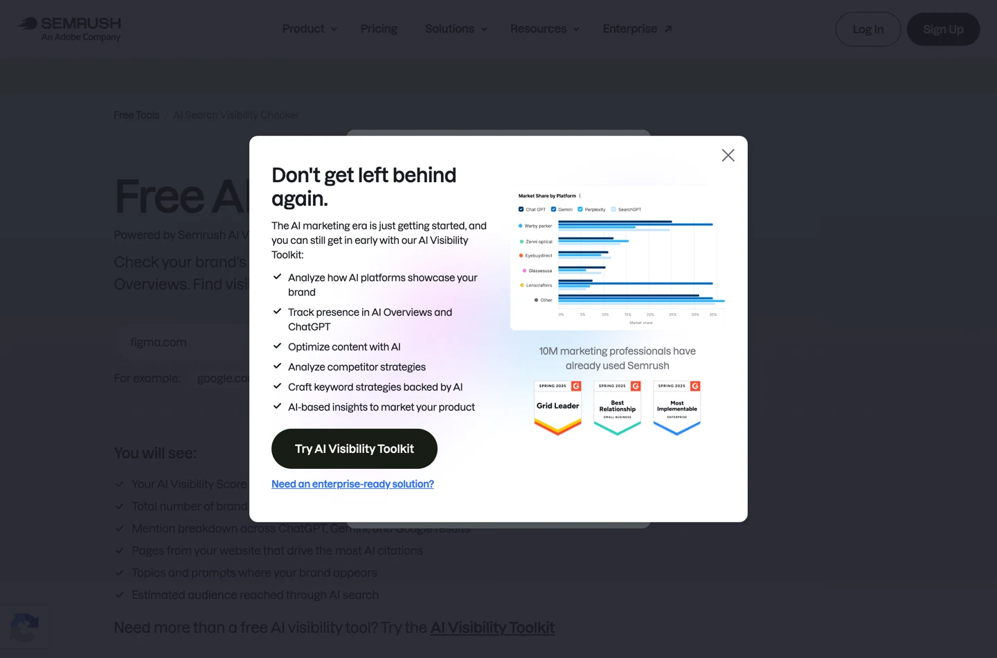 Semrush AI Search Visibility Checker із figma.com у полі і модальним вікном поверх сторінки, у якому написано, що ви досягли денного ліміту для цього безкоштовного інструмента і що варто зареєструвати безкоштовний акаунт заради більшого доступу і більшої кількості даних, над кнопкою Get Your Free Account.