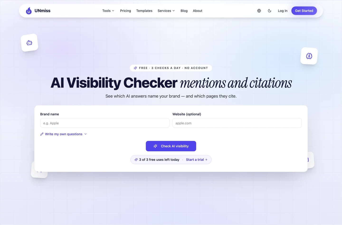 seotools.pro AI Visibility Checker очима незалогіненого відвідувача: поле Brand name, необов'язкове поле Website, посилання Write my own questions і кнопка Check AI visibility під бейджем Free, 3 checks a day, no account.
