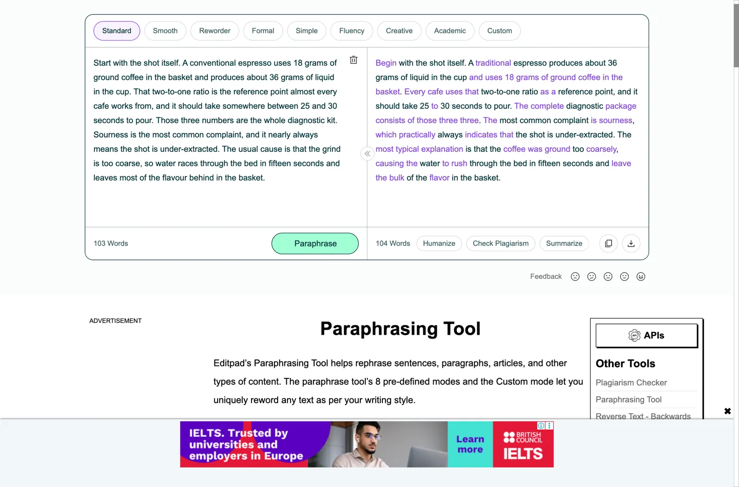 Paraphrasing Tool у Editpad после прогона тестового отрывка. Ввод на 103 слова слева, рерайт на 104 слова справа, изменённые слова подсвечены цветом, начало: Begin with the shot itself. A traditional espresso produces about 36 grams of liquid in the cup and uses 18 grams of ground coffee in the basket.
