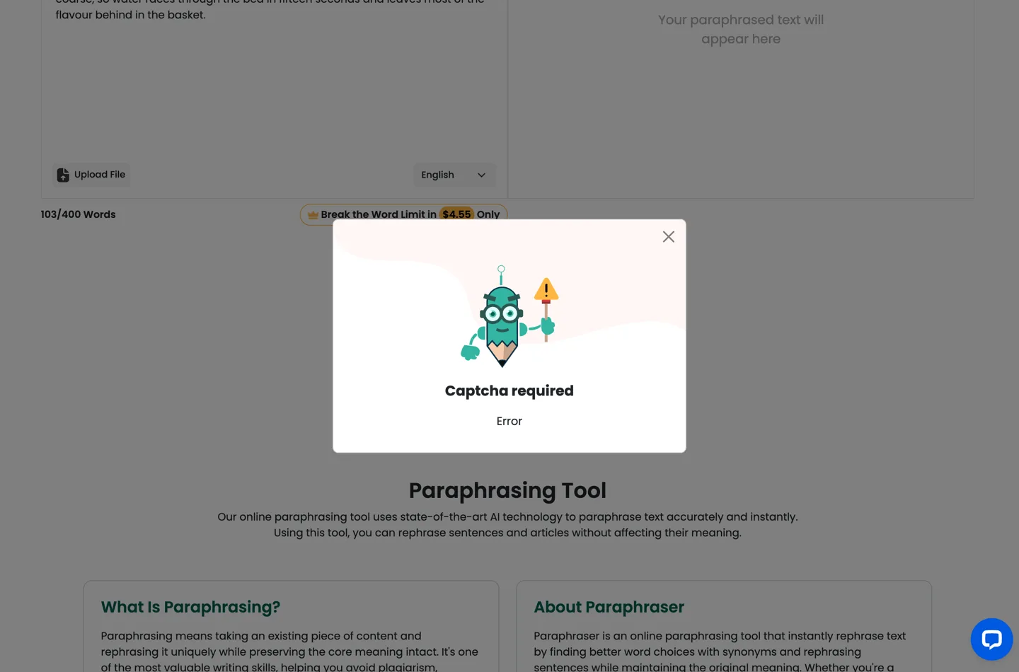 Paraphraser.io с введённым тестовым отрывком под счётчиком 103 of 400 Words и модальным окном с надписью Captcha required и подзаголовком Error.