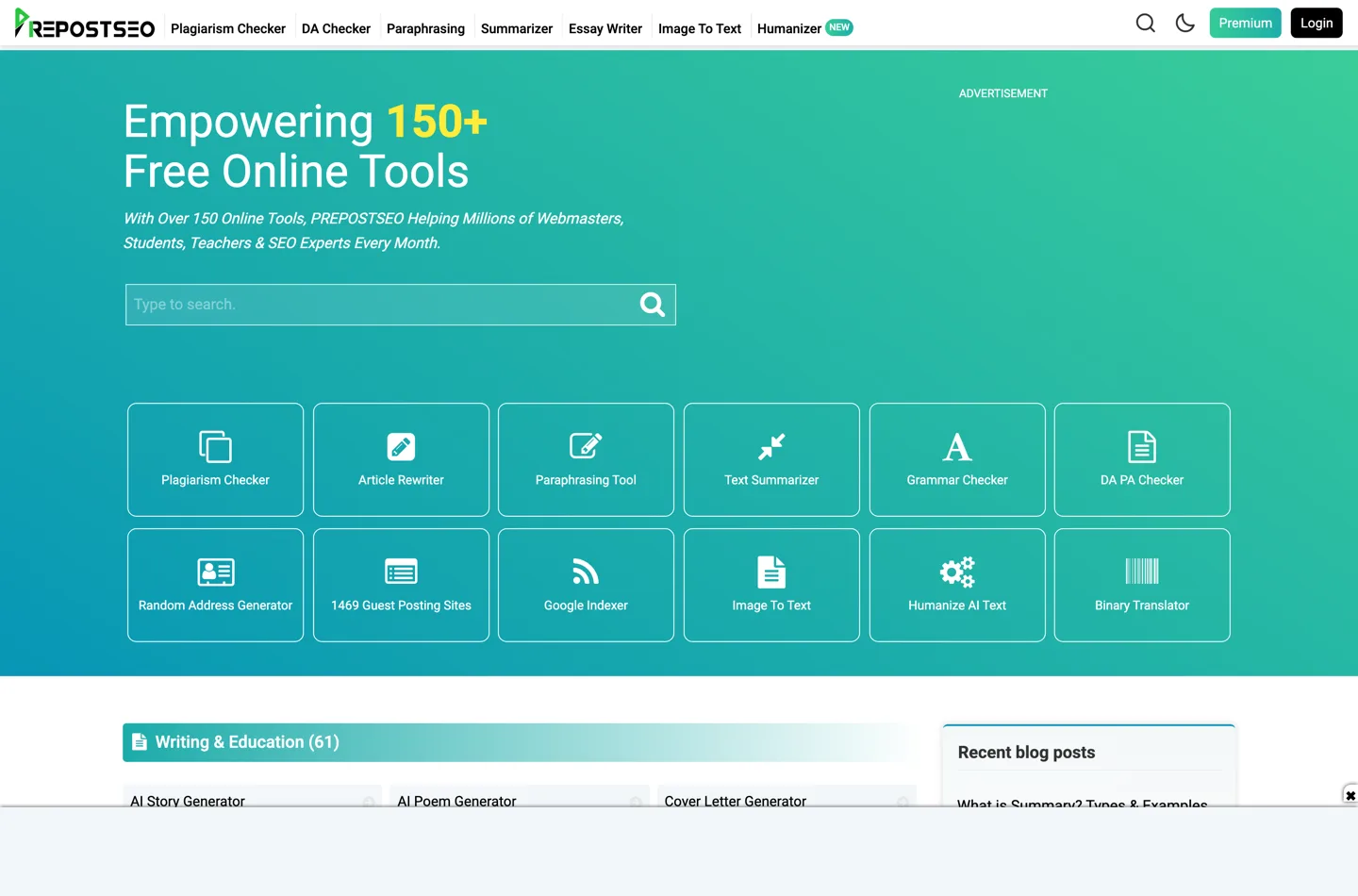 Главная страница Prepostseo, каталог бесплатных SEO-инструментов.
