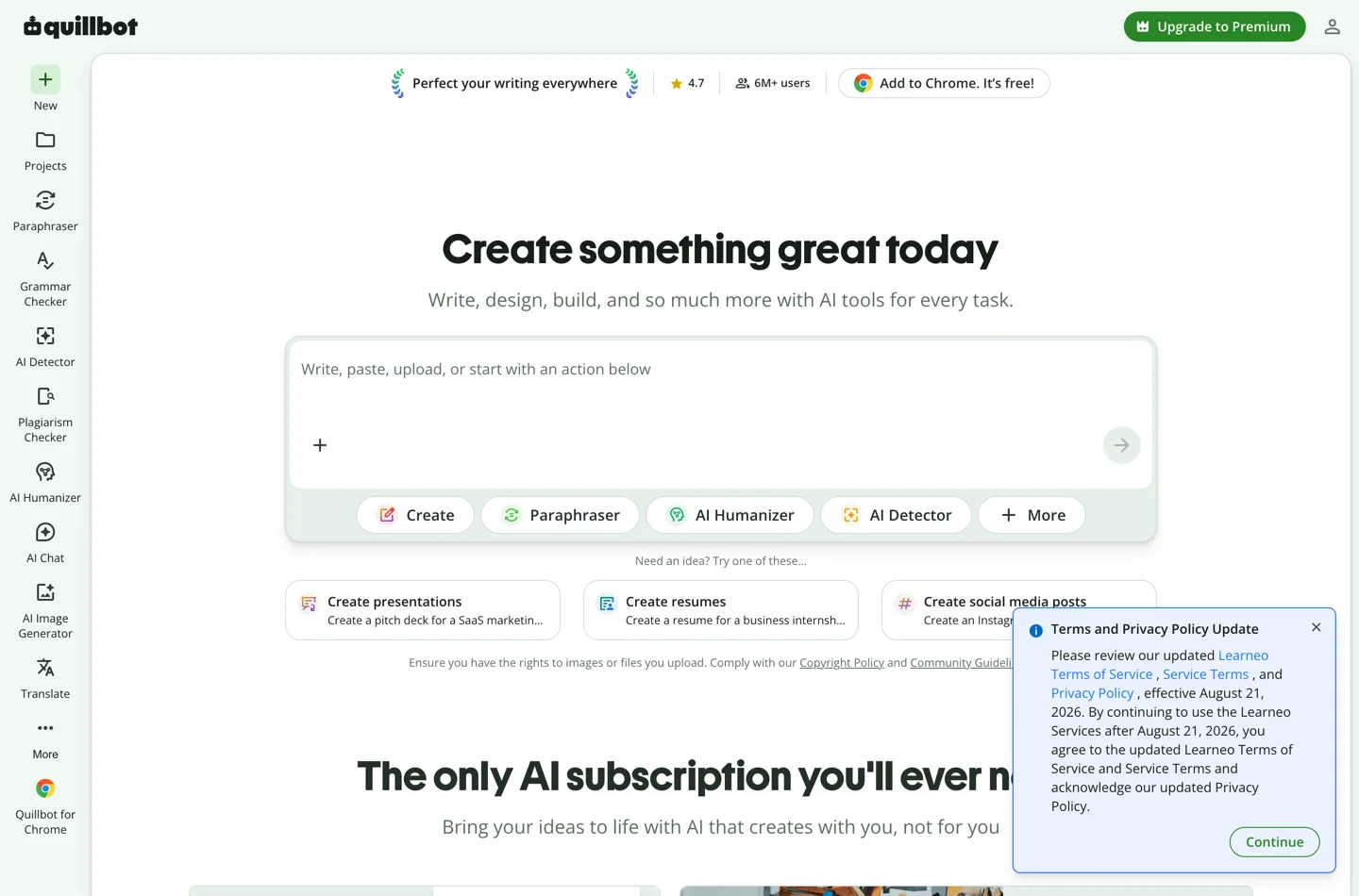 Главная страница QuillBot, в левой колонке перечислены Paraphraser, Grammar Checker, AI Detector, AI Humanizer и другие инструменты.