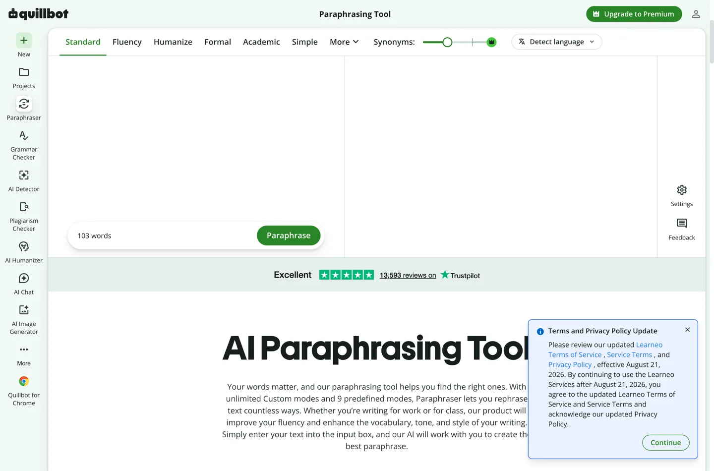 Paraphraser у QuillBot с тестовым отрывком на 103 слова в левом редакторе и выбранной вкладкой режима Standard. Панель вывода справа пустая.