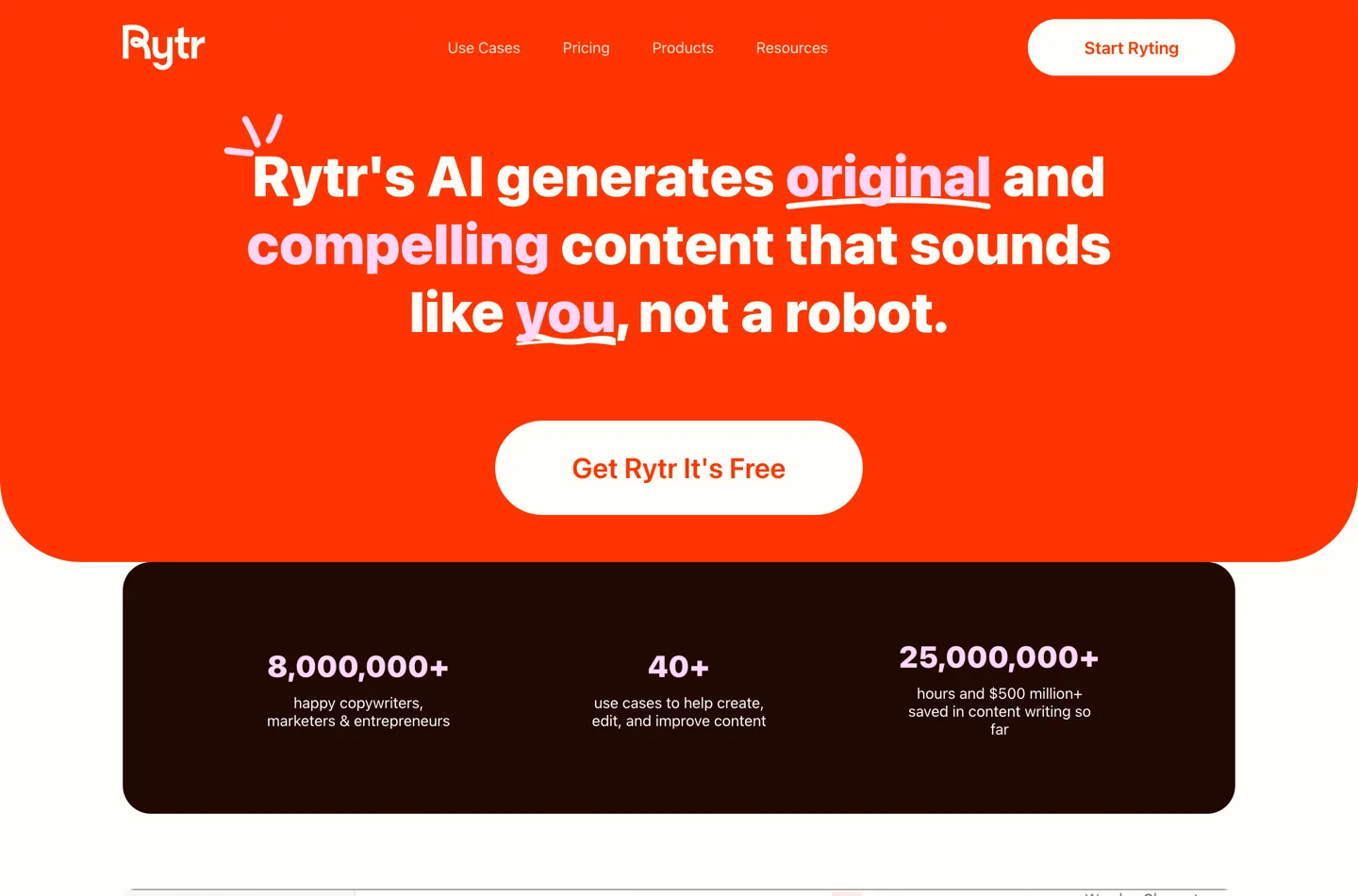 Главная страница Rytr с кнопкой Start Ryting в шапке.