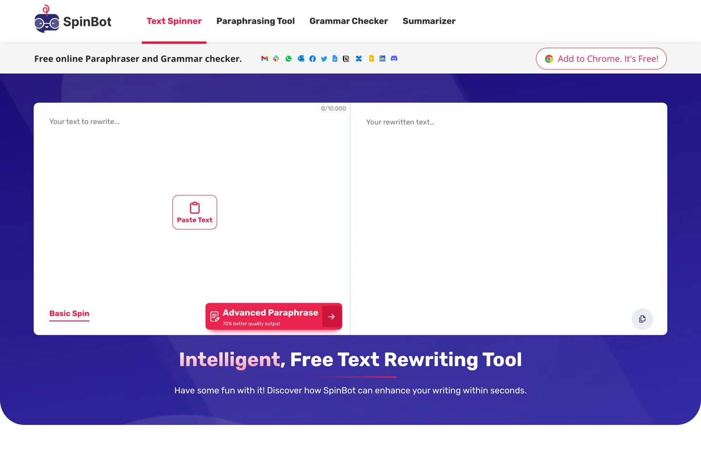 Главная страница SpinBot с вкладками Text Spinner, Paraphrasing Tool, Grammar Checker и Summarizer.