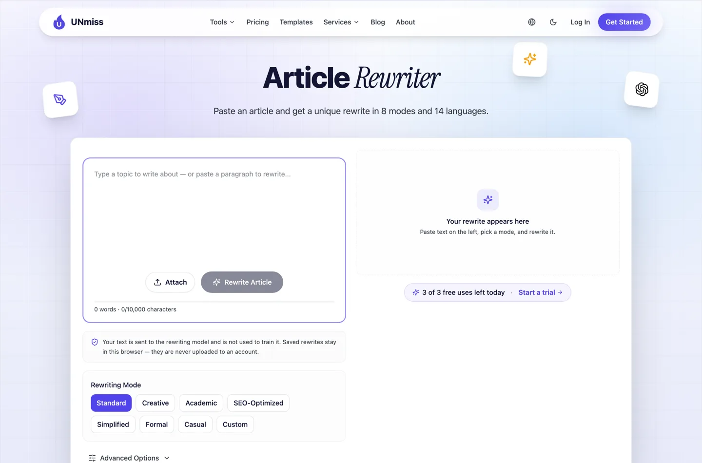 Страница seotools.pro Article Rewriter глазами незалогиненного посетителя: поле для вставки, кнопки Attach и Rewrite Article и бейдж с надписью 3 of 3 free uses left today.