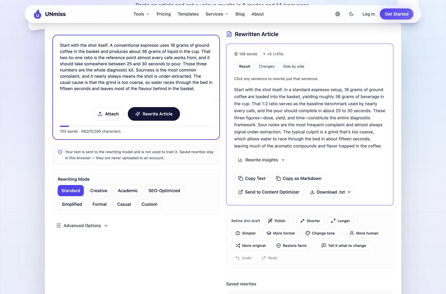 seotools.pro Article Rewriter после прогона тестового отрывка на 103 слова. Ввод слева, 103 слова и 582 из 10 000 символов; переписанная статья справа, 102 слова с пометкой минус 1 процент, а над ней вкладки Result, Changes и Side by side.