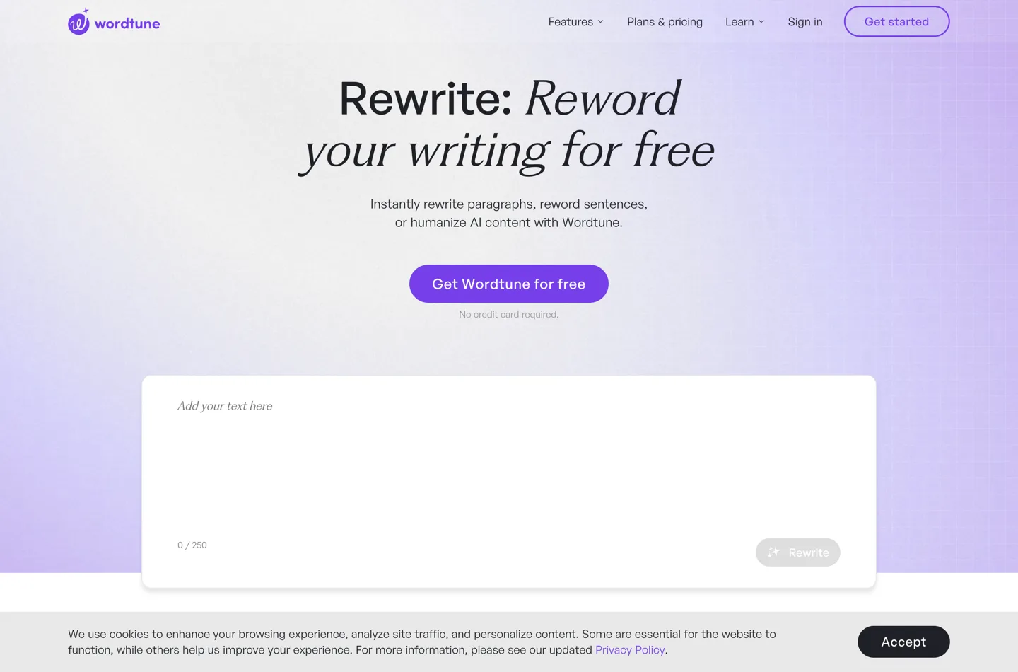 Страница рерайта Wordtune: заголовок Rewrite, Reword your writing for free, кнопка Get Wordtune for free и пустой редактор со счётчиком 0 of 350 и обесцвеченной кнопкой Rewrite.