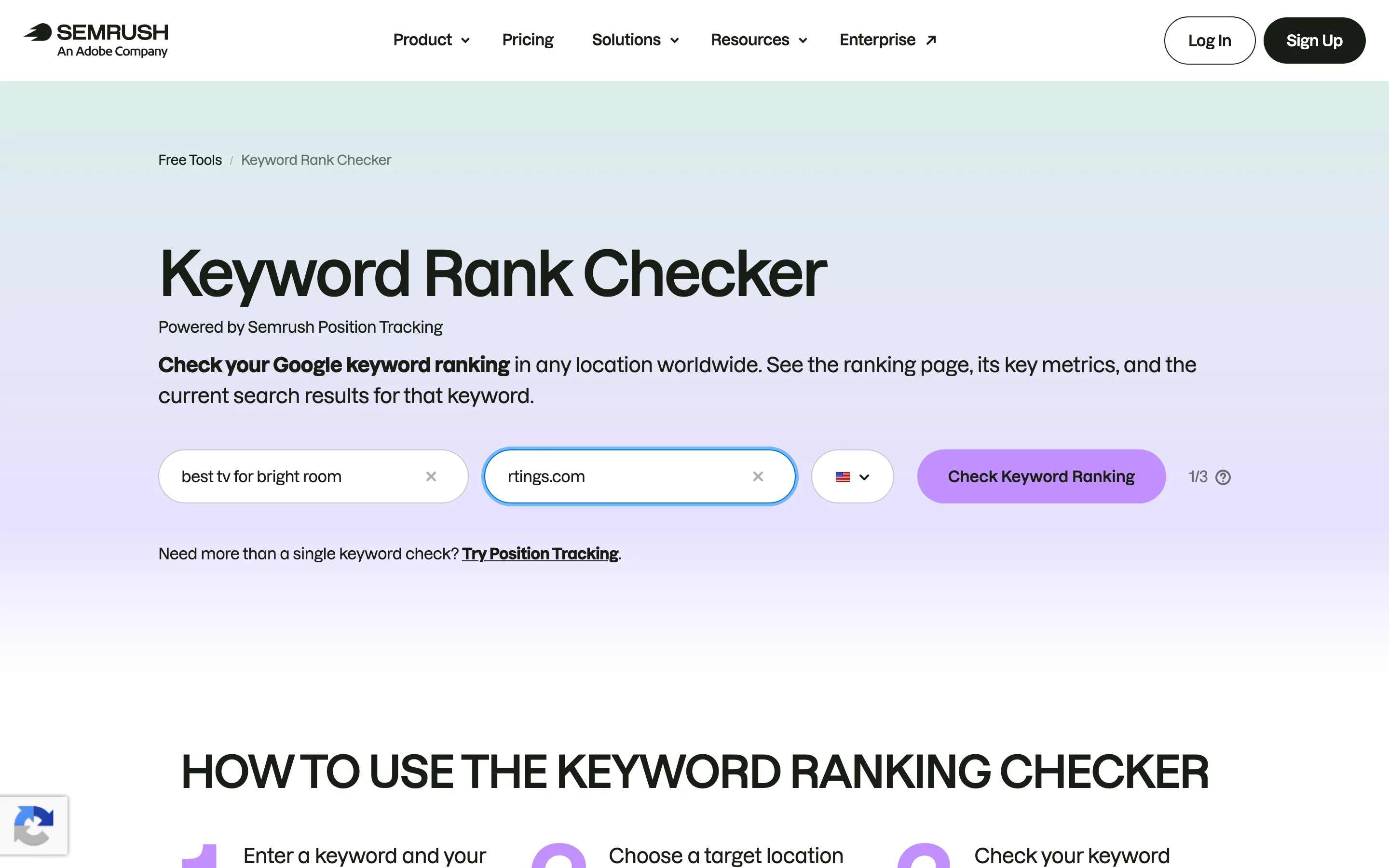 Бесплатный Keyword Rank Checker от Semrush: поле ключевого слова со значением "best tv for bright room", поле со значением "rtings.com" и кнопка "Check Keyword Ranking".