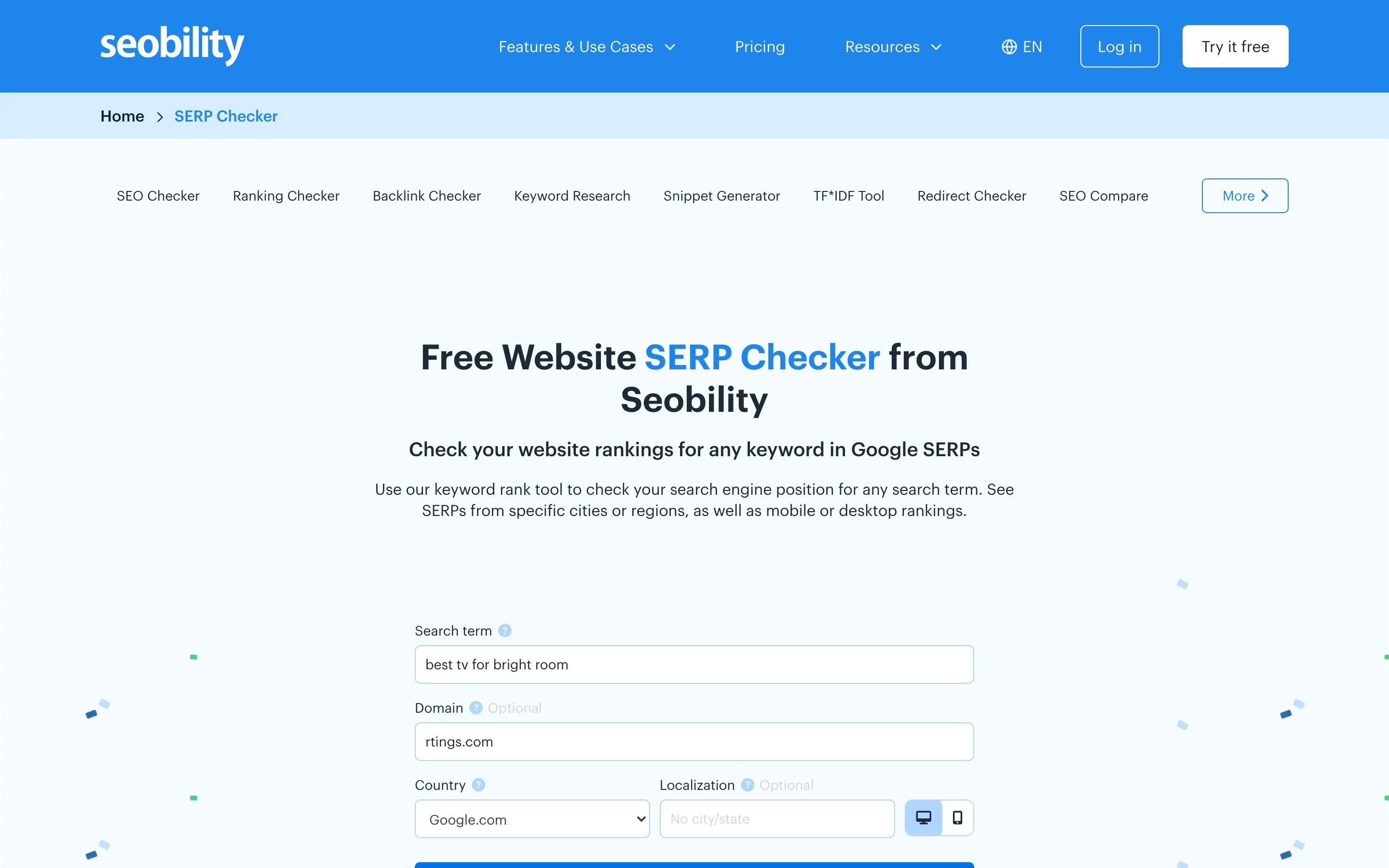Форма Free Website SERP Checker от Seobility: поле Search term со значением "best tv for bright room", необязательное поле Domain со значением "rtings.com", выпадающий список Country в положении Google.com, необязательное поле локализации с подписью "No city/state" и переключатели значков десктопа и мобильных.