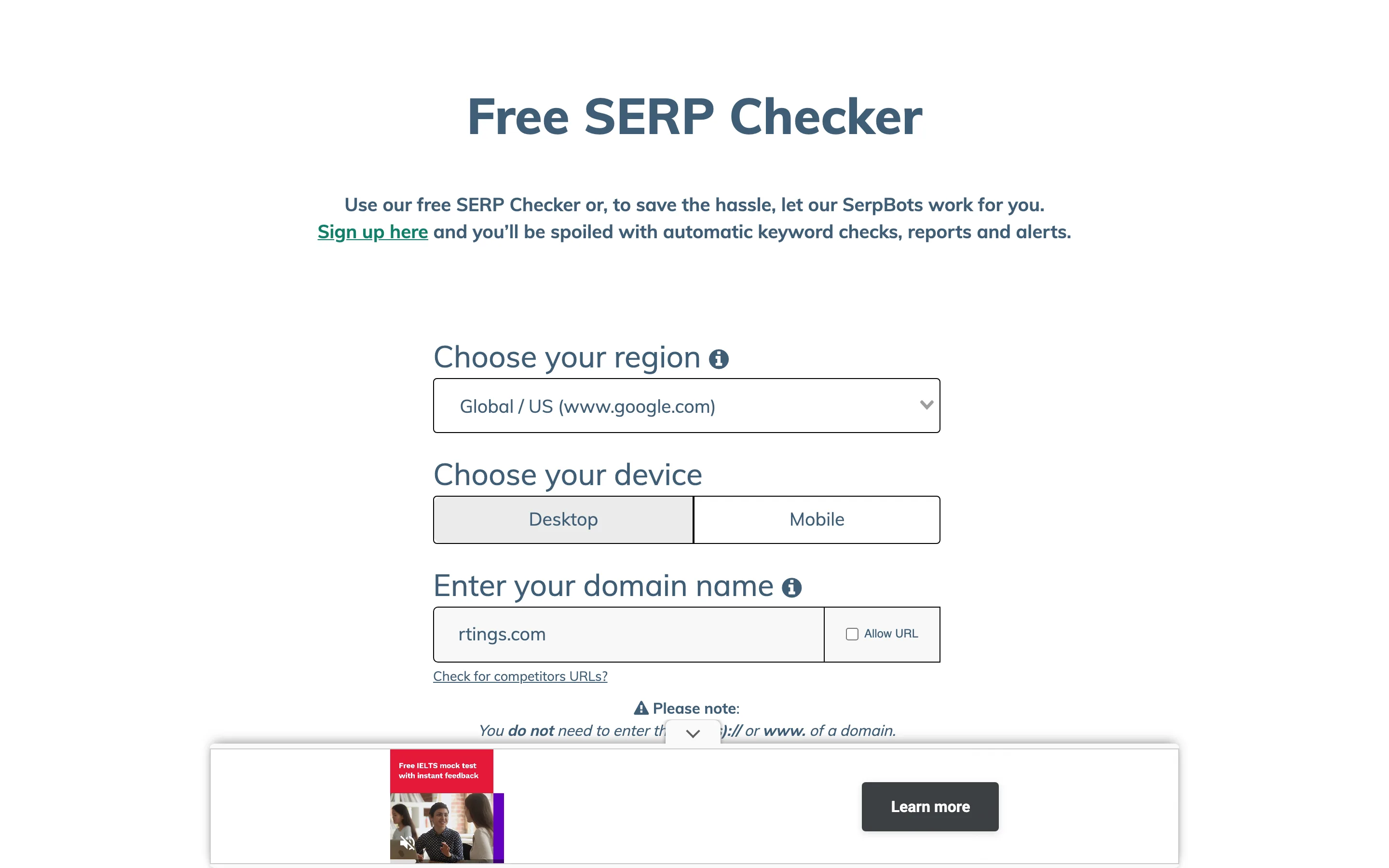 Форма Free SERP Checker от SERProbot: выпадающий список "Choose your region" в положении Global / US (www.google.com), переключатель "Choose your device" между Desktop и Mobile, поле домена со значением "rtings.com" с чекбоксом "Allow URL" и ссылка "Check for competitors URLs?".
