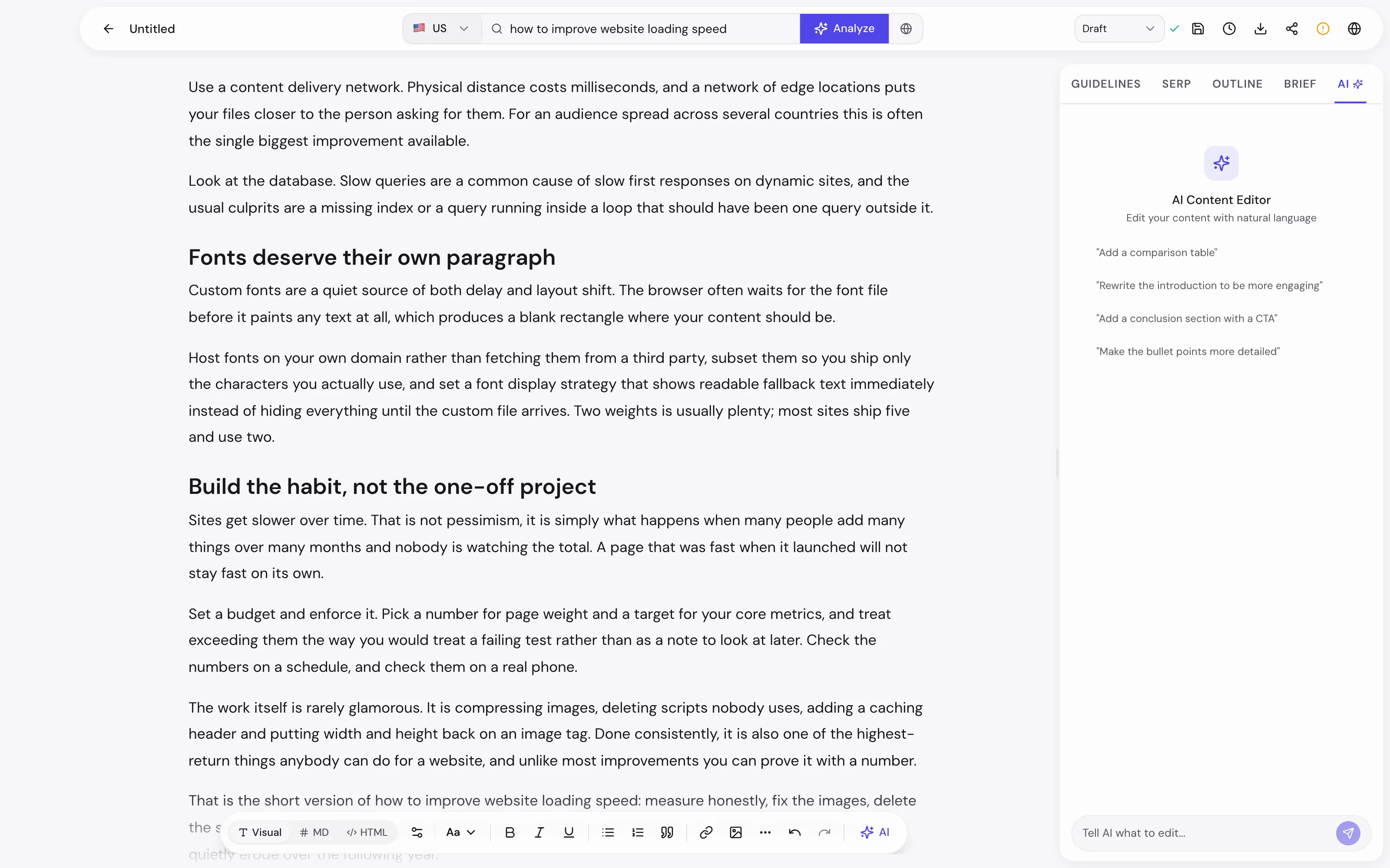 Залогиненный редактор с открытой вкладкой AI: панель AI Content Editor с заголовком "Edit your content with natural language" и предлагаемыми инструкциями, среди которых "Add a comparison table", "Rewrite the introduction to be more engaging" и "Add a conclusion section with a CTA", плюс поле "Tell AI what to edit" и верхняя панель с кнопками сохранения, истории, экспорта, шеринга и публикации.