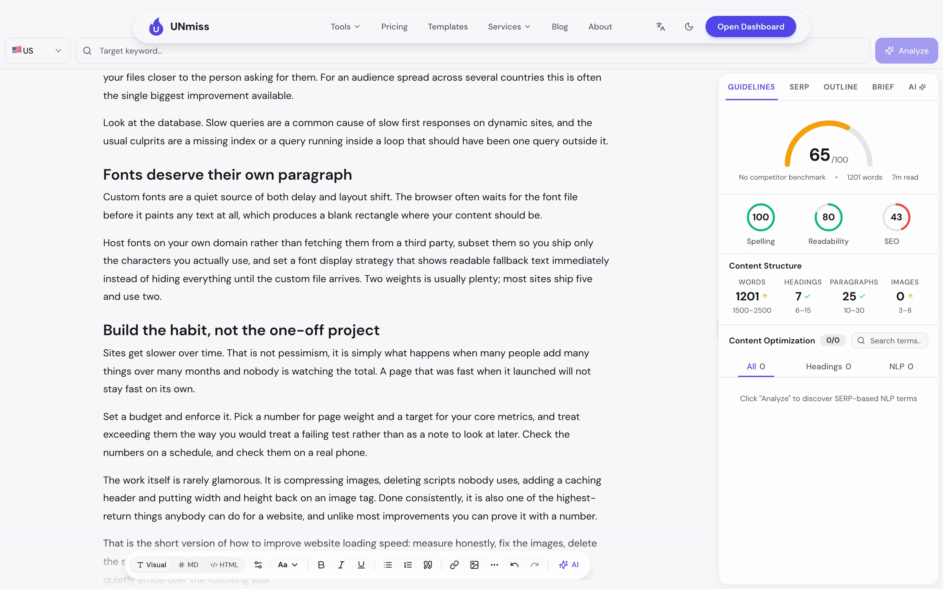 seotools.pro Content Optimizer в разлогиненном виде: оценка контента 65 из 100, подоценки Spelling 100, Readability 80 и SEO 43, строка структуры контента с 1201 словом, 7 заголовками, 25 абзацами и 0 картинок и строка эталона "No competitor benchmark".