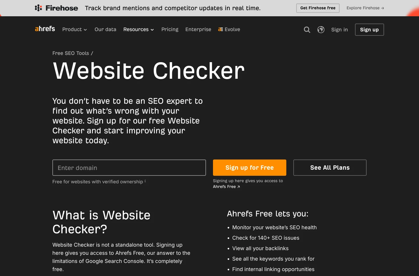 Посадочная страница Ahrefs Website Checker с единственным полем Enter domain.