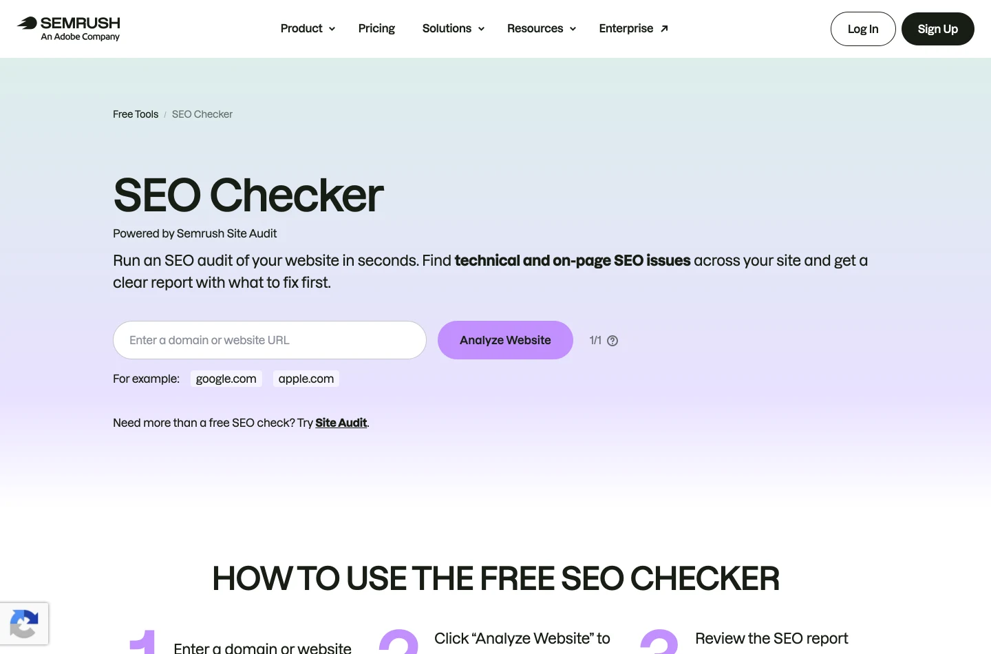Страница Semrush SEO Checker с заголовком «SEO Checker, powered by Semrush Site Audit», пустым полем домена и кнопкой Analyze Website.