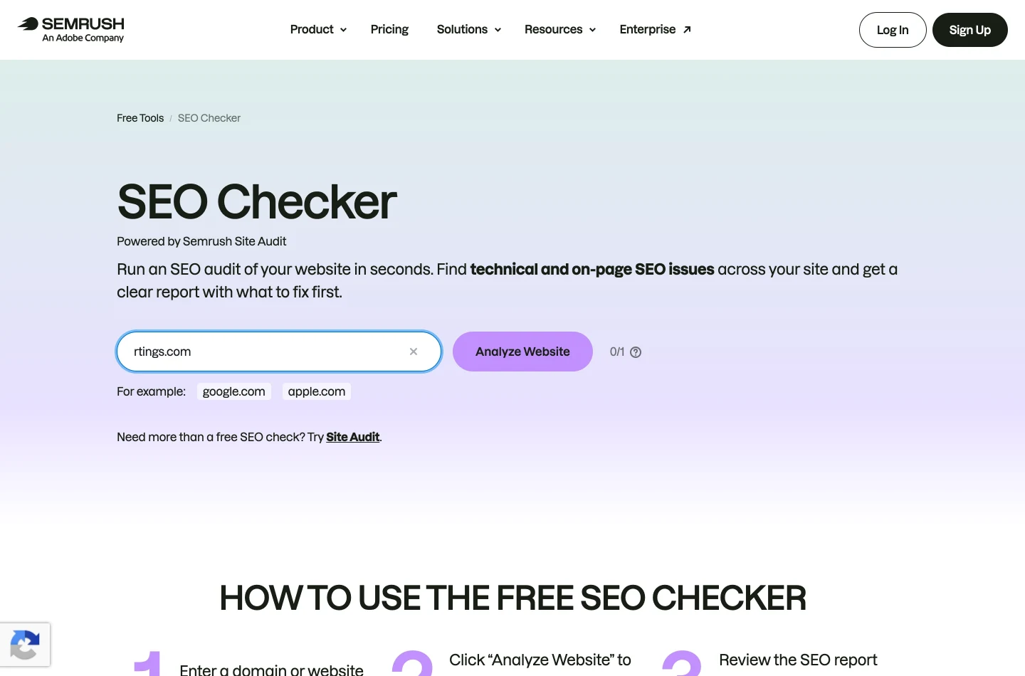 Та же страница Semrush SEO Checker с введённым в поле rtings.com, кнопкой Analyze Website рядом и счётчиком использования 0/1 сразу справа от кнопки.