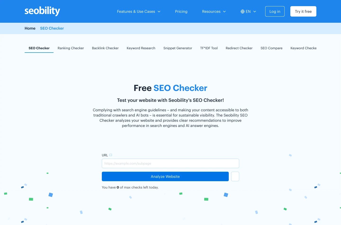 Посадочная страница Seobility SEO Checker с единственным полем Page URL, плейсхолдером https://example.com/subpage и кнопкой Analyze Website.
