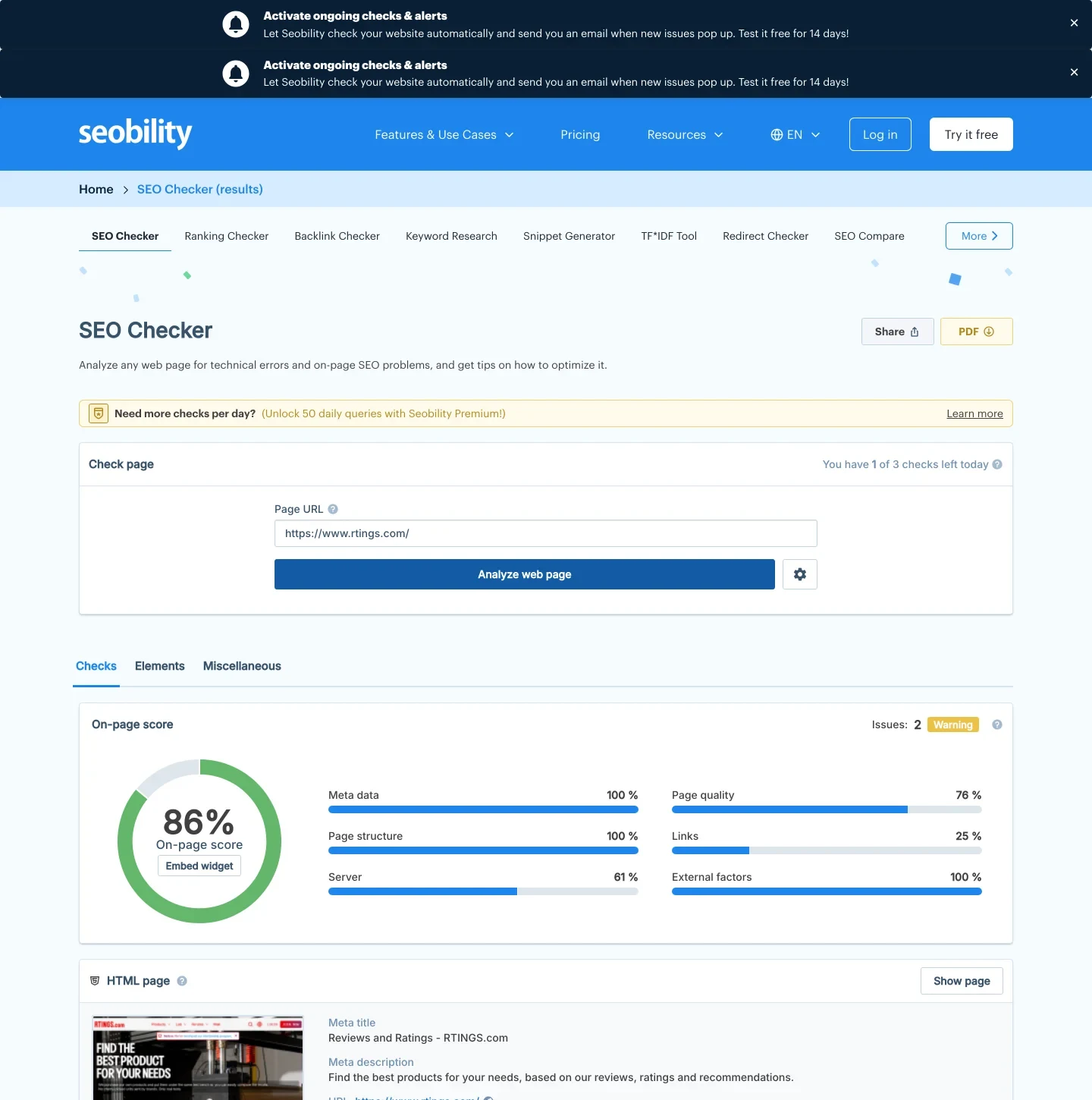 Отчёт Seobility по rtings.com: шкала оценки страницы 86%, значок «Issues: 2 Warning», подшкалы Meta data 100% и Page quality 76%, счётчик «You have 1 of 3 checks left today», кнопки Share и PDF и блок цен с тарифом Basic на 5 проверок в день бесплатно навсегда, Premium на 50 проверок за $50.00 в месяц и Agency на 200 проверок за $200.00 в месяц.