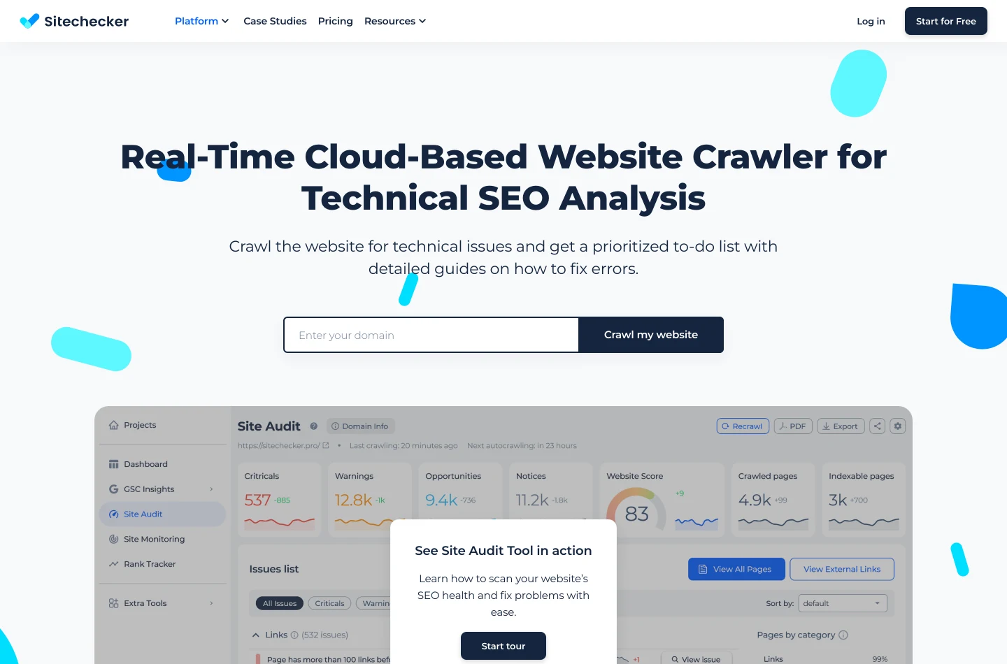 Страница краулера сайта Sitechecker с полем для домена и кнопкой запуска обхода, над маркетинговым текстом про поиск проблем.