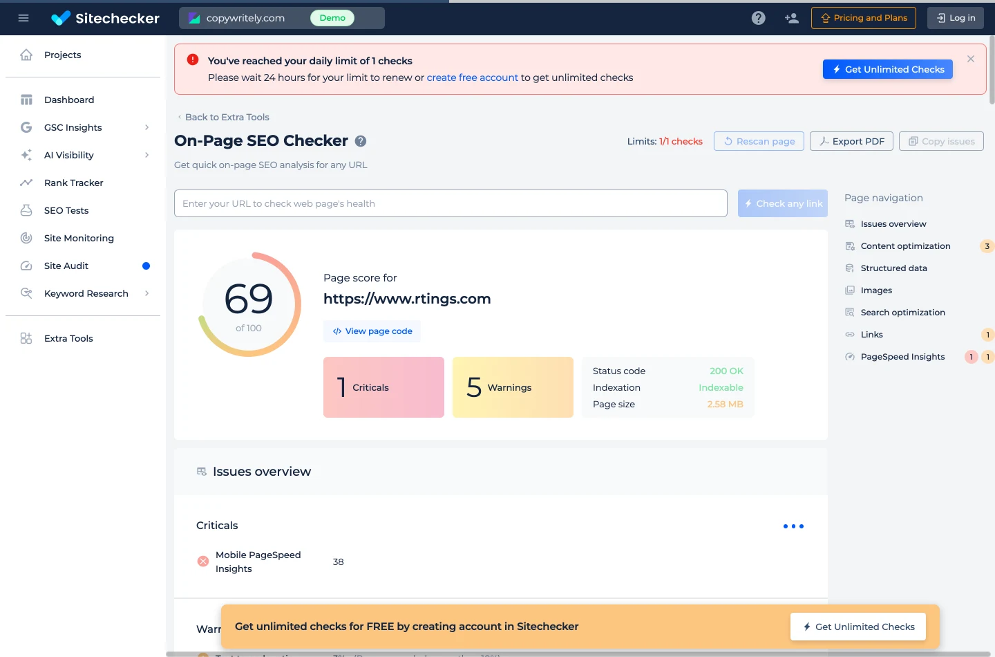 Отчёт On-Page SEO Checker от Sitechecker по https://www.rtings.com: шкала оценки страницы 69 из 100, плитки с 1 Criticals и 5 Warnings, панель со статус-кодом 200 OK, индексацией Indexable, размером страницы 2.58 MB, красная плашка «You've reached your daily limit of 1 checks», метка Limits 1/1 checks с кнопками Rescan page, Export PDF и Copy issues и обзор проблем, единственная критическая из которых, это Mobile PageSpeed Insights 38.