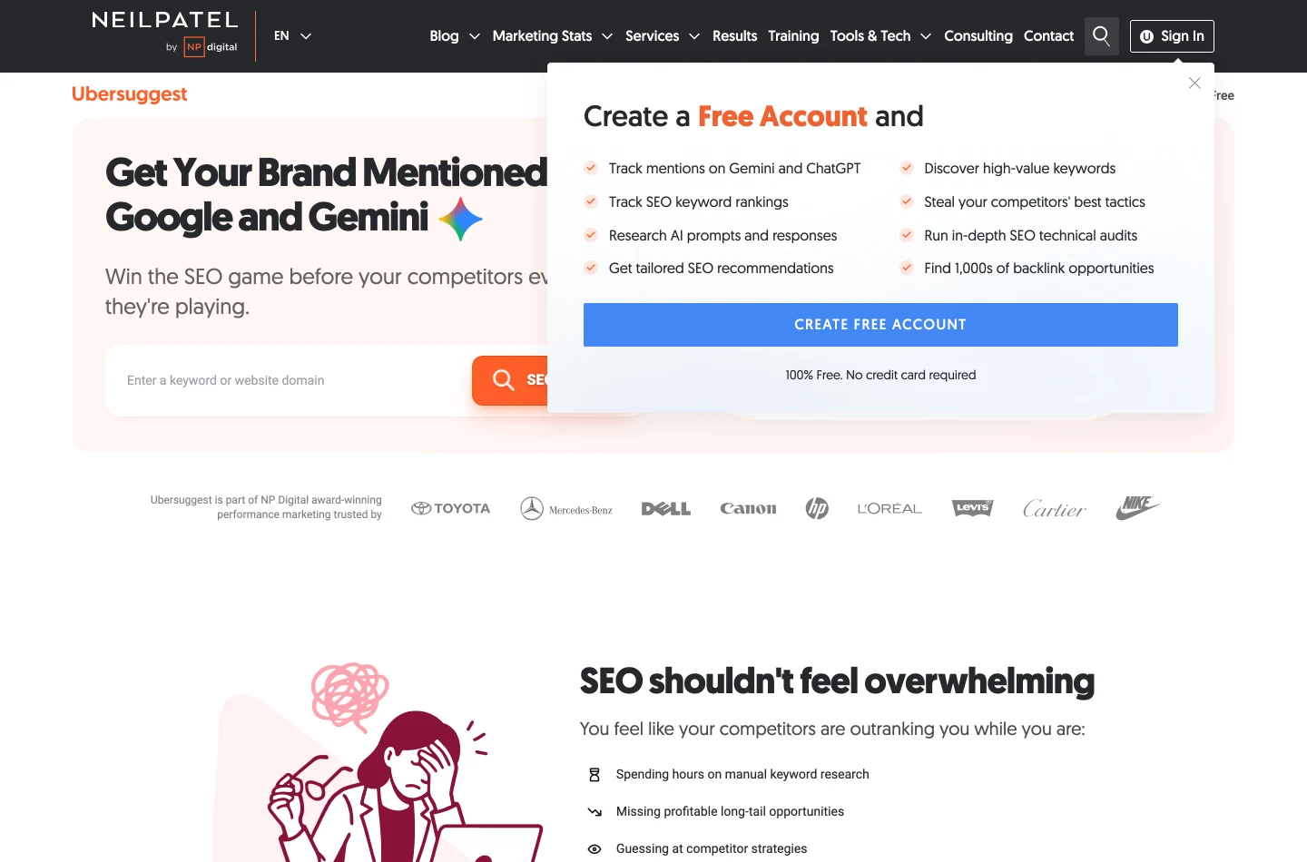 Посадочная страница Ubersuggest с единственным полем «Enter a keyword or website domain» и кнопкой Search.