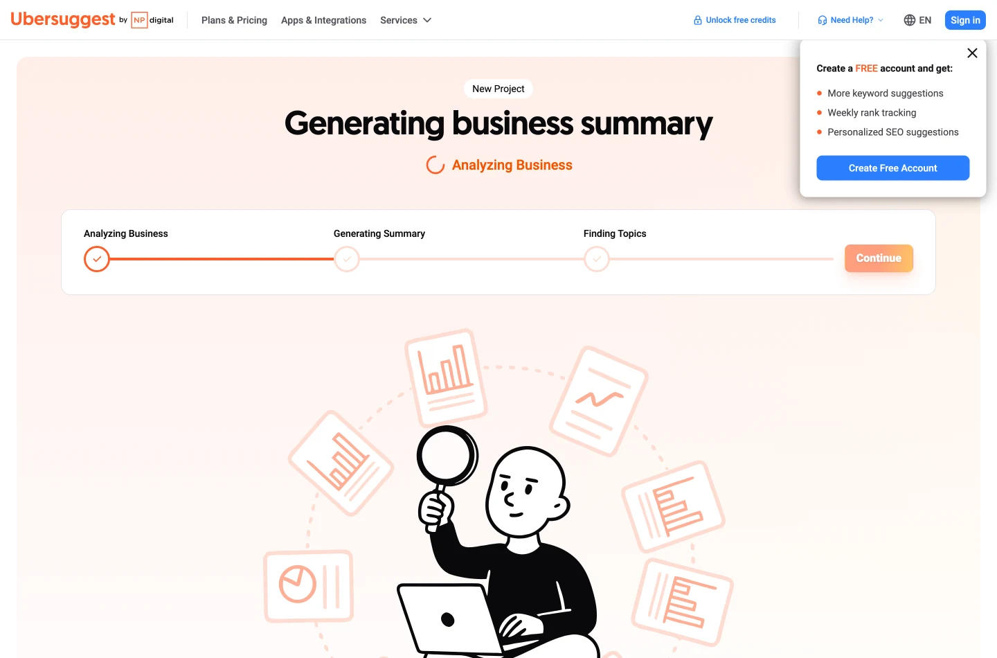 Приложение Ubersuggest после отправки домена: шаги прогресса Generating business summary, Analyzing Business и Finding Topics, прерванные панелью с заголовком «Create a FREE account and get:», где перечислены больше подсказок по ключам, еженедельный съём позиций и персональные SEO-рекомендации, и кнопкой Create Free Account.