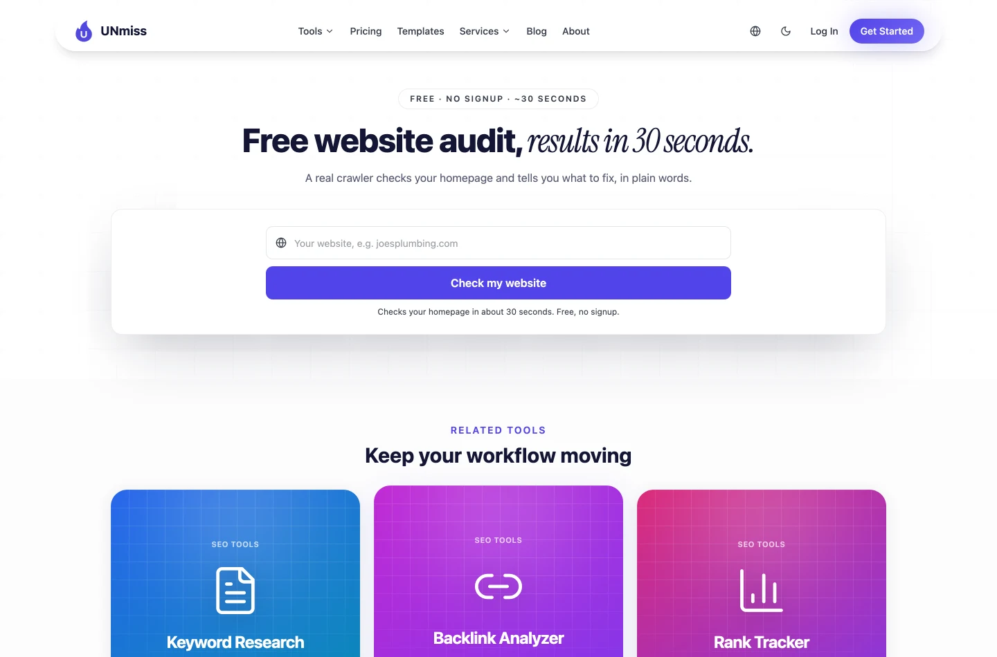 Посадочная страница seotools.pro Website Audit: надстрочная строка FREE, NO SIGNUP, ~30 SECONDS, заголовок «Free website audit, results in 30 seconds», одно поле для домена и кнопка «Check my website».
