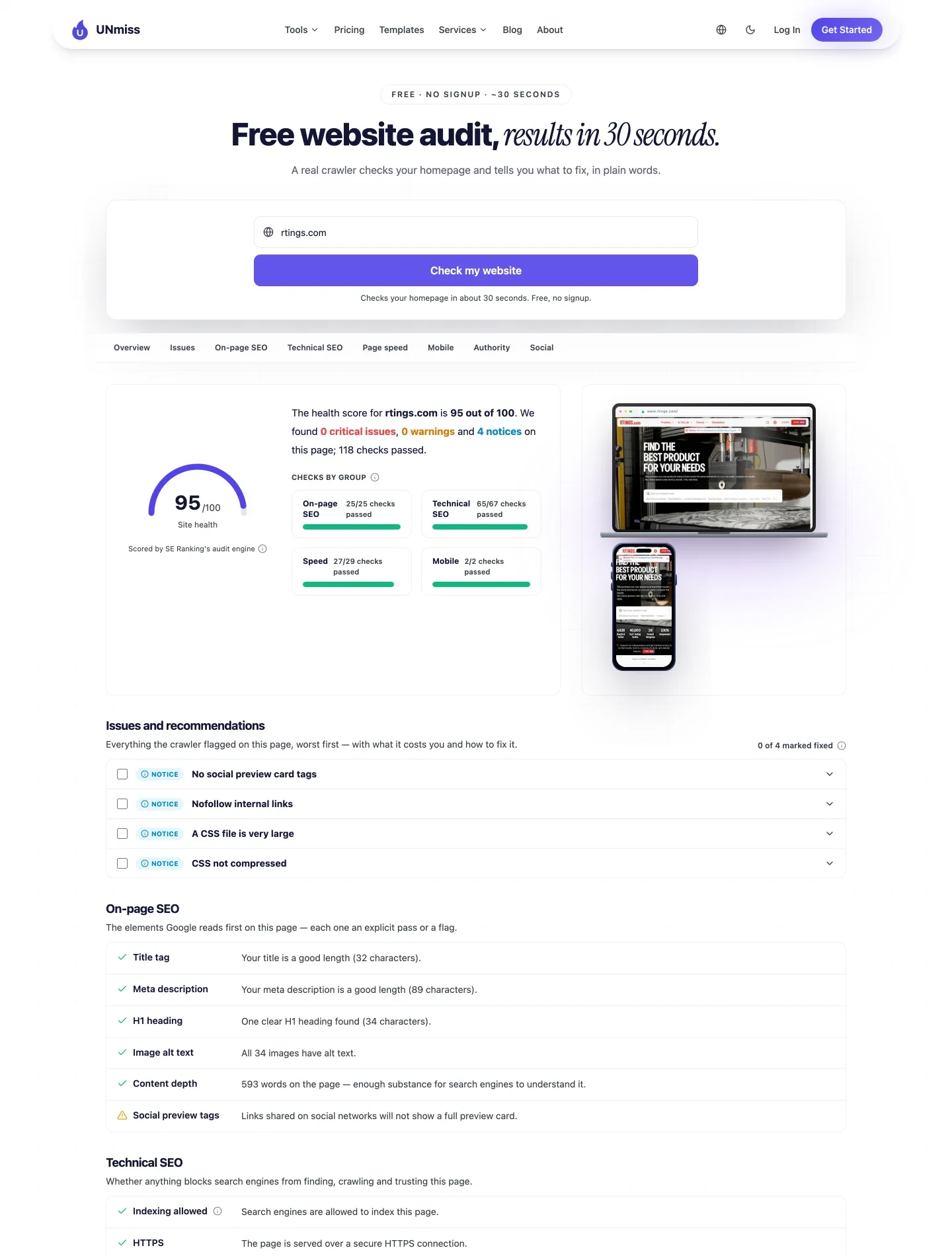 Отчёт seotools.pro по rtings.com: шкала здоровья сайта 95 из 100, строка «0 critical issues, 0 warnings and 4 notices on this page; 118 checks passed», четыре групповые шкалы On-page SEO 25/25, Technical SEO 65/67, Speed 27/29 и Mobile 2/2, превью отрисованной страницы на устройстве, четыре строки с замечаниями и таблица On-page SEO с title на 32 символа, meta description на 89 символов, одним H1 на 34 символа, альтами у всех 34 картинок и 593 словами.