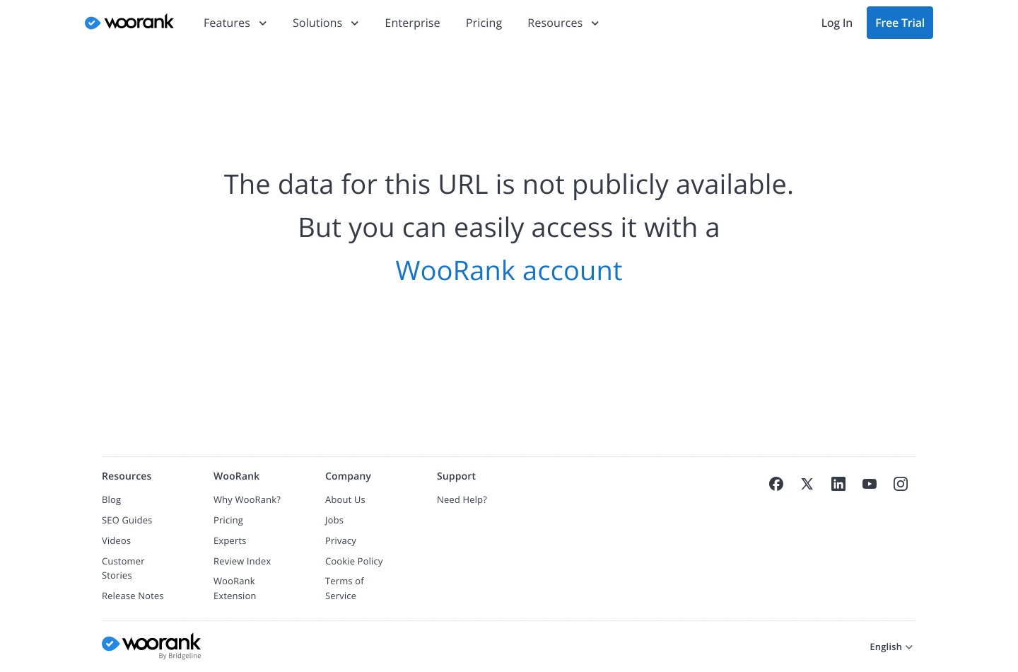 Страница дразнящего обзора WooRank по rtings.com, пустая, если не считать трёх строк по центру: «The data for this URL is not publicly available. But you can easily access it with a WooRank account», где WooRank account оформлено ссылкой.