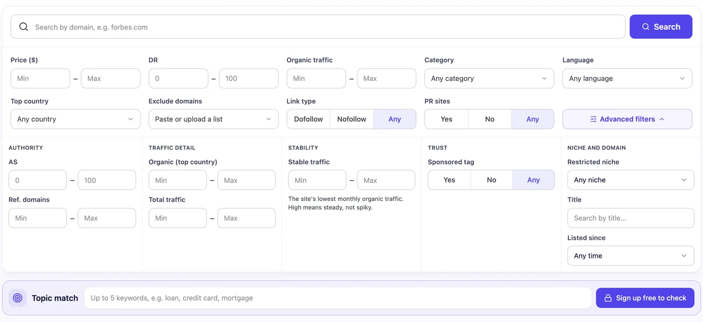 Фильтры сайтов для линкбилдинга в seotools.pro: цена, DR, органический трафик, категория, язык, основная страна, исключение доменов, тип ссылки и PR-сайты, а также расширенные фильтры по стабильности трафика и совпадению тематики.