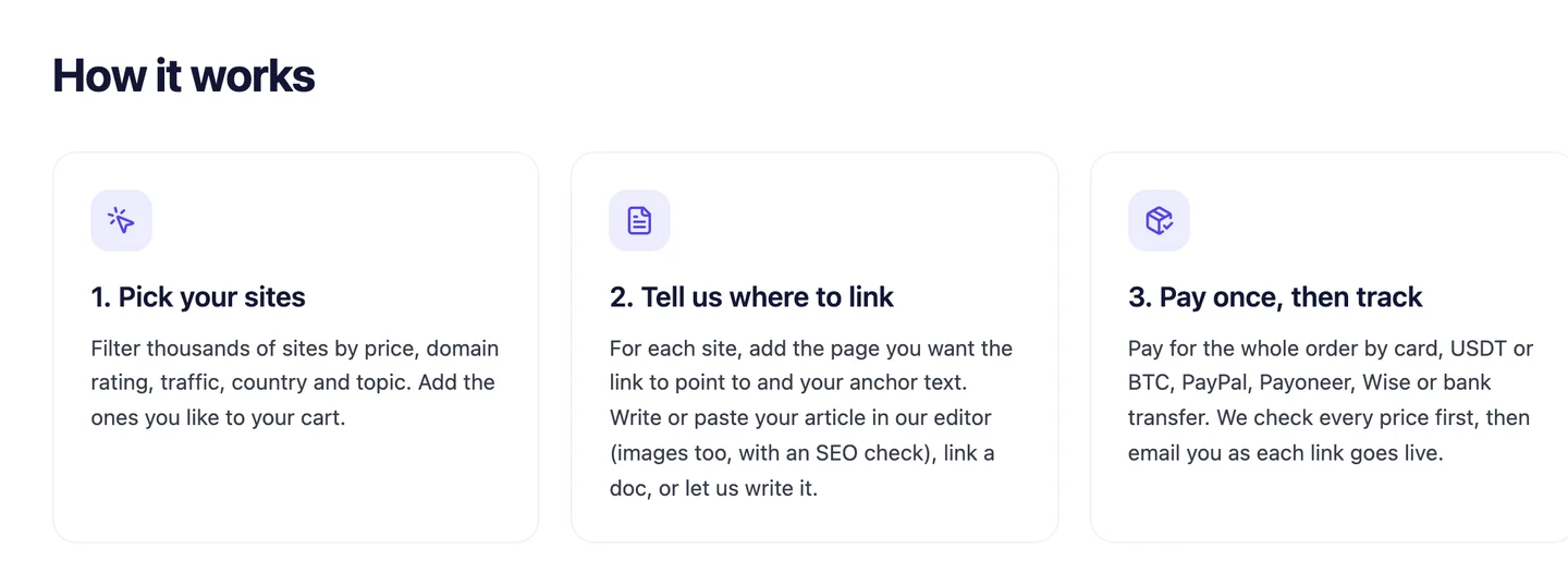 Шаги заказа на seotools.pro: выберите сайты, укажите, куда ставить ссылку, оплатите один раз и следите за статусом.