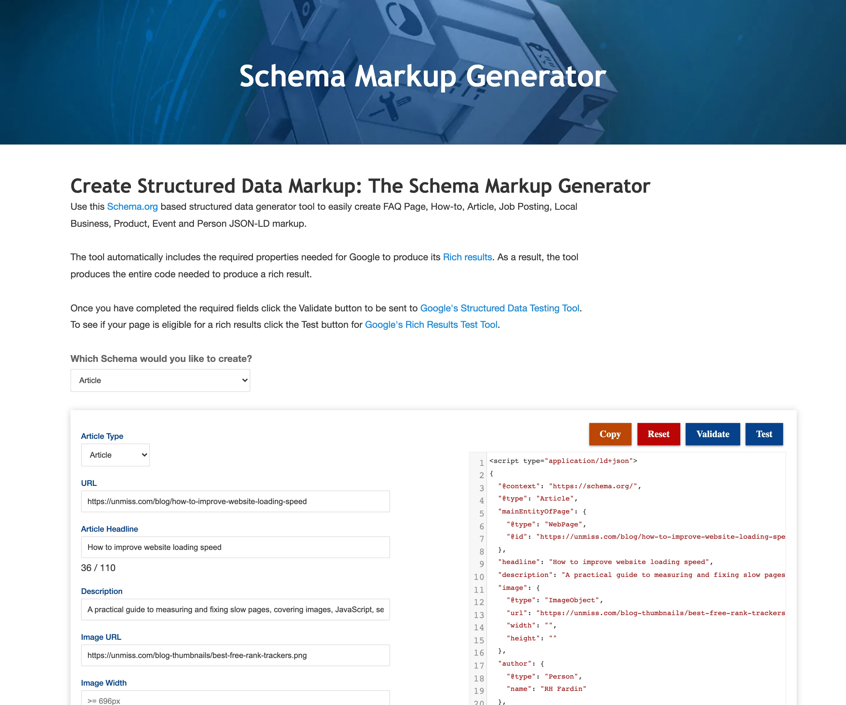 Schema Markup Generator от RankRanger: форма Article и сгенерированный JSON-LD, где у объекта картинки пустые width и height, у логотипа издателя та же пустая пара, а datePublished пустая строка.
