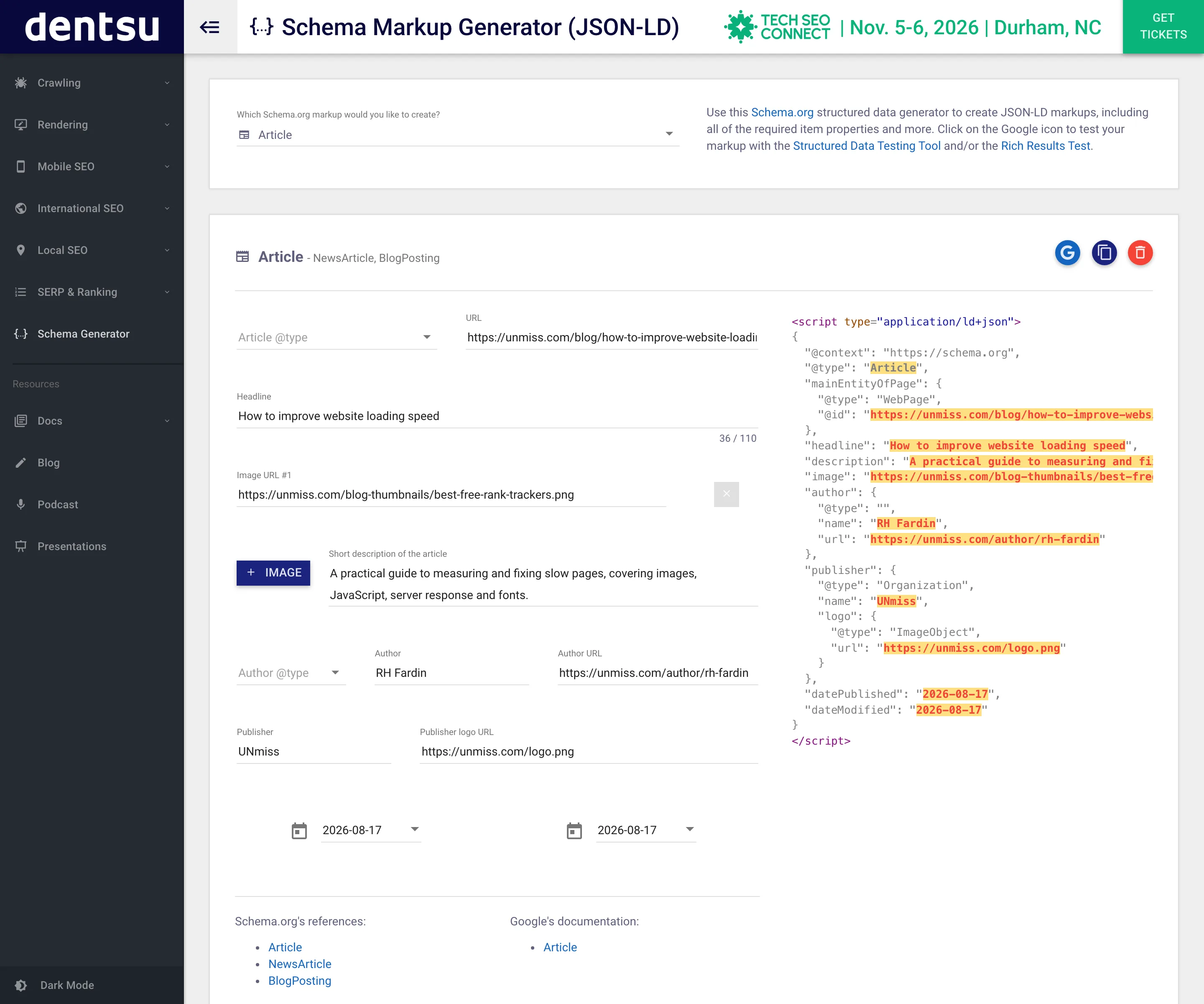 Schema Markup Generator от TechnicalSEO.com: форма Article рядом с живым предпросмотром JSON-LD, где объект автора записан с пустым @type, а следом идут значения name и url.