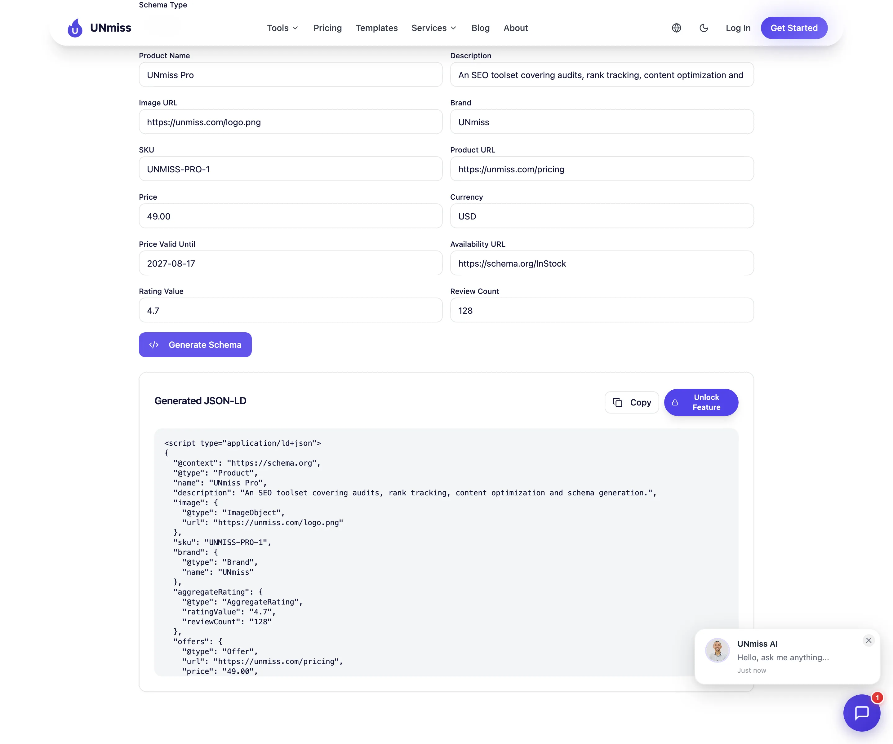 Генератор seotools.pro Schema Markup Generator с заполненной формой Product и сгенерированным JSON-LD под ней: image как ImageObject, sku, объект Brand, aggregateRating 4,7 на основе 128 отзывов и блок offers с url, price, priceCurrency, priceValidUntil и availability.