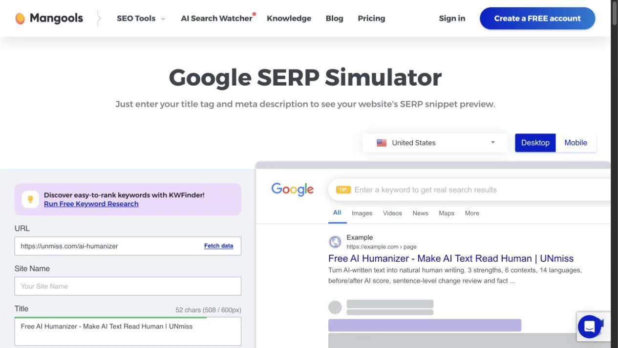 SERP Simulator от Mangools показывает тот же заголовок и описание AI Humanizer во время повторного теста на 10 страницах.