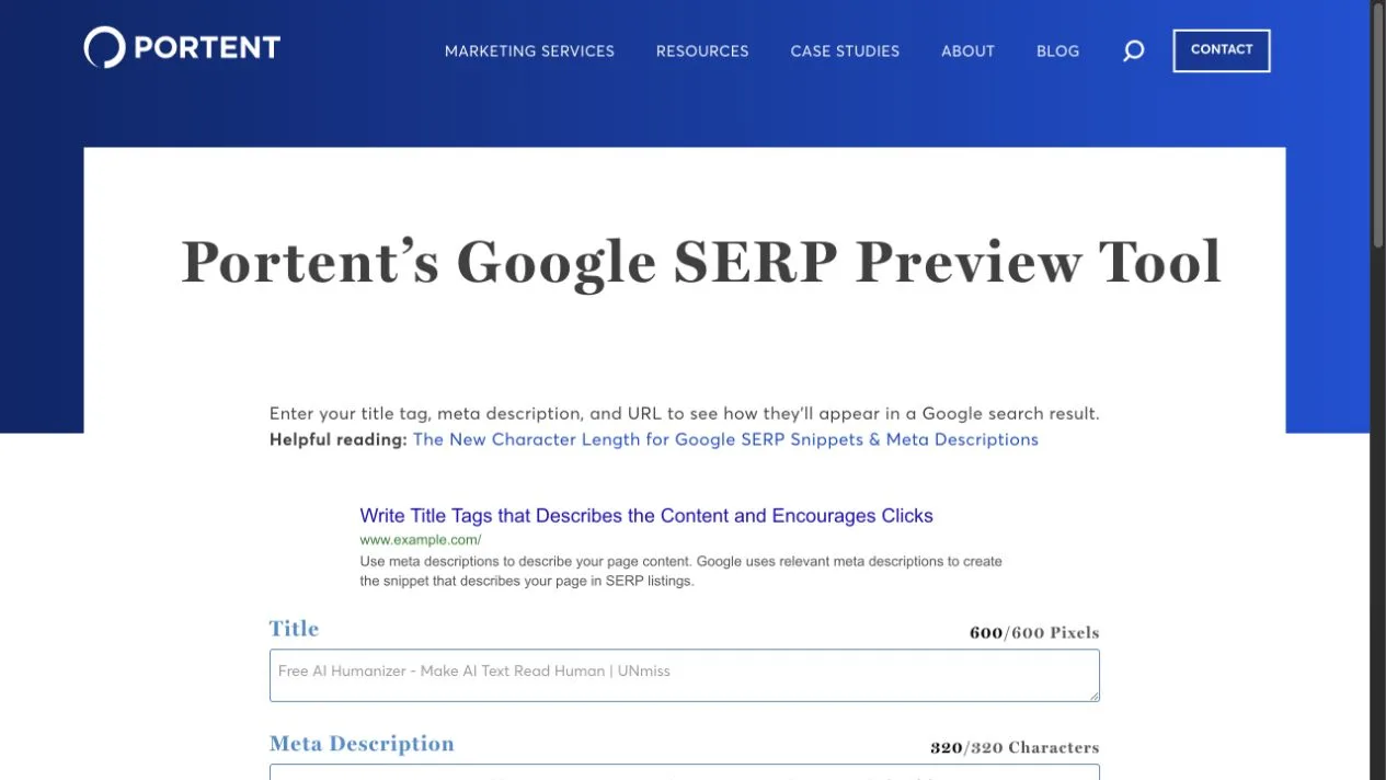 SERP Preview Tool от Portent отрисовывает длинный ввод AI Humanizer, показывая при этом зафиксированные подписи 600 из 600 пикселей и 320 из 320 символов.