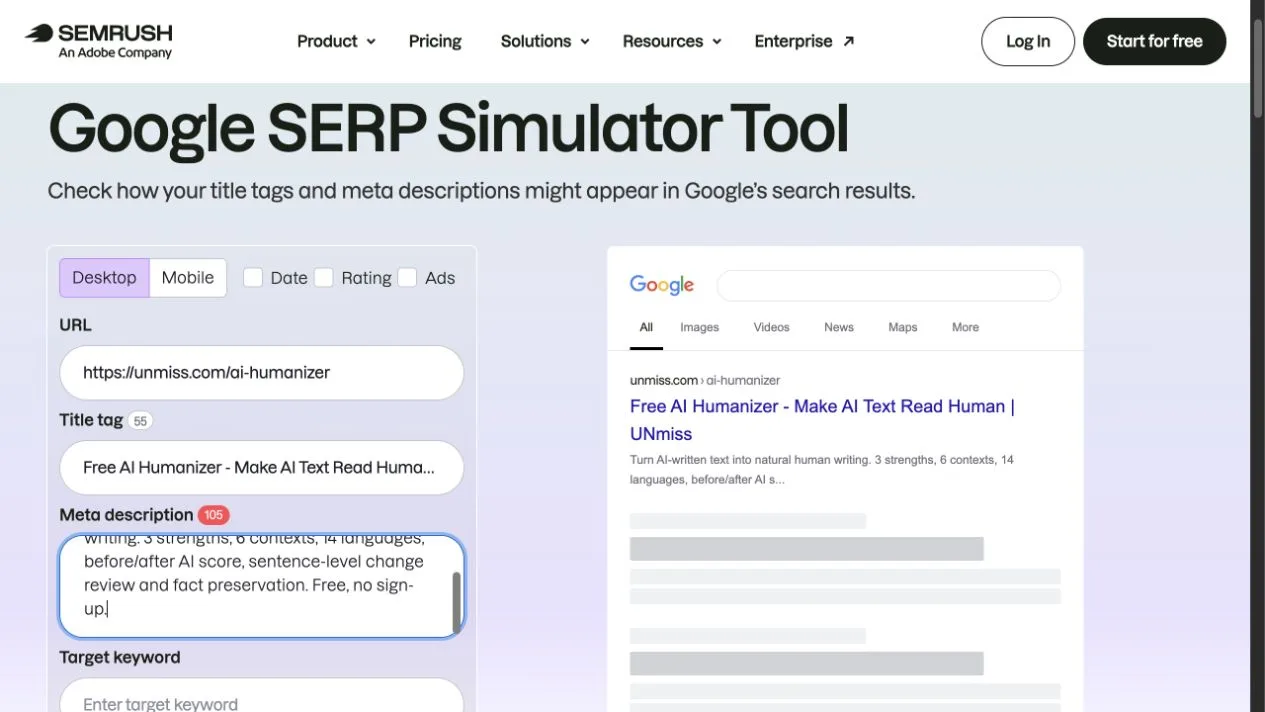 SERP Simulator от Semrush отрисовывает тот же длинный заголовок и описание AI Humanizer, которые использовались во всех инструментах.