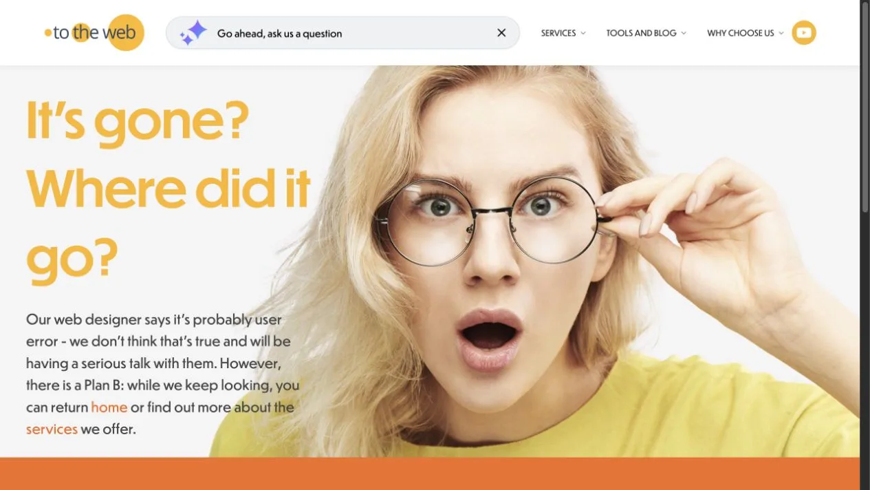 Бывший URL ToTheWeb для проверки title и meta description показывает сообщение ToTheWeb об отсутствующей странице.